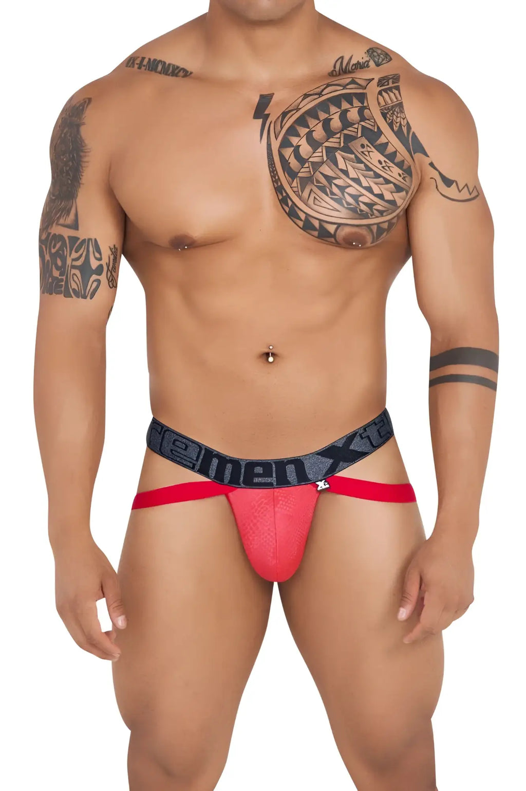 Xtremen 91128 red and black men’s briefs with textured front panel and snake print jockstrap design