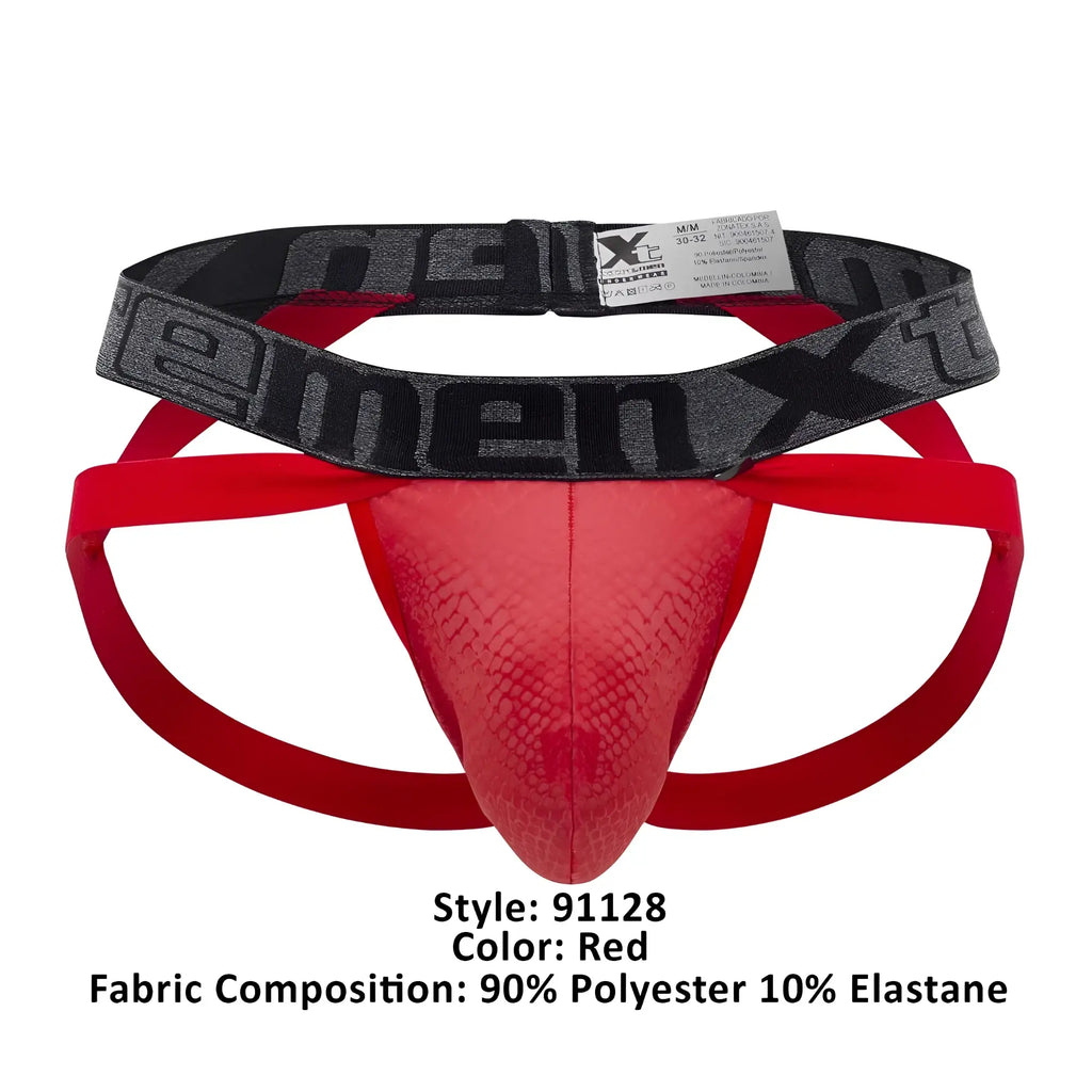 Red menxt xtremen 91128 snake print jockstrap with textured snake skin front and black elastic waistband
