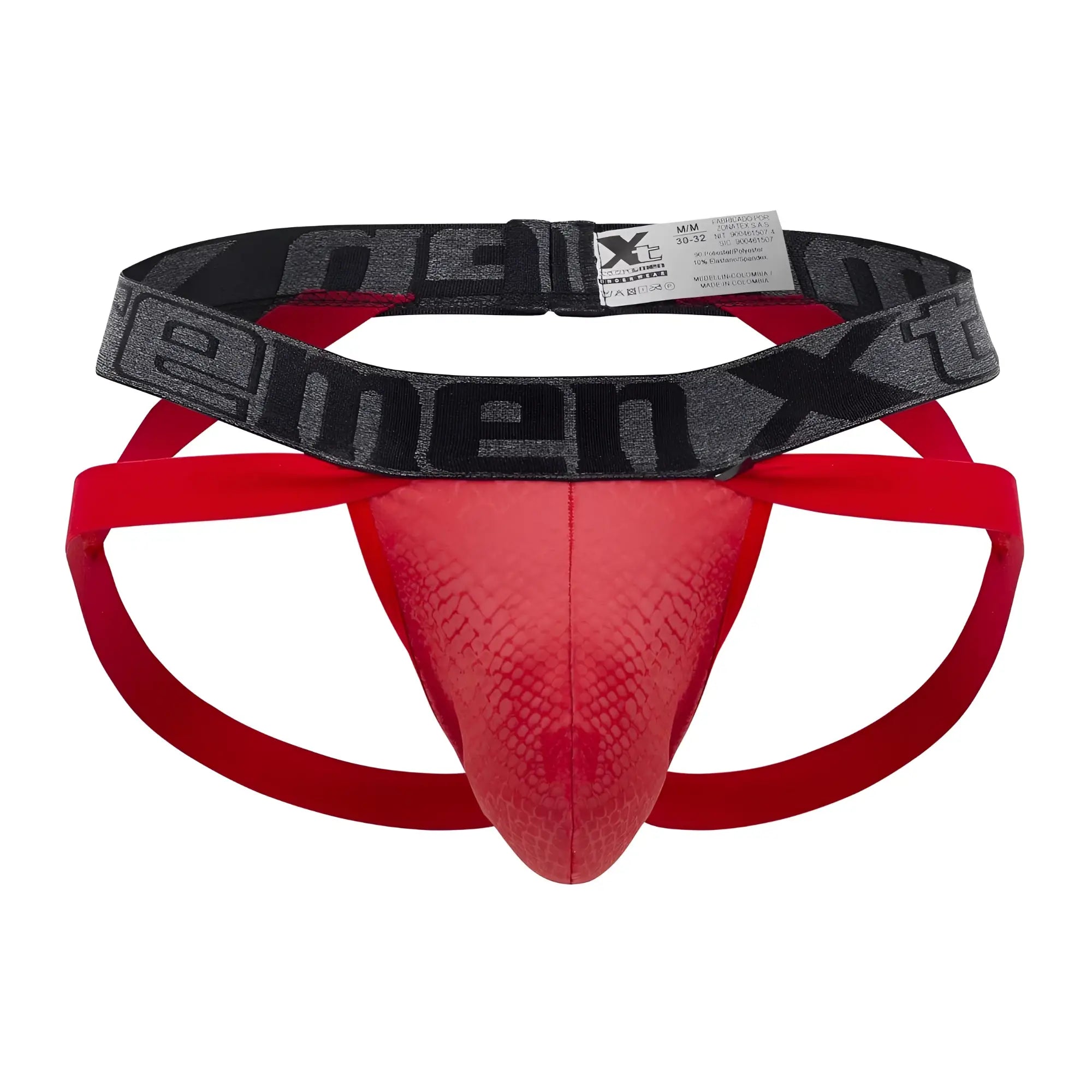Red snakeskin-patterned men’s briefs with black element x waistband from xtremen 91128 snake print jockstrap collection