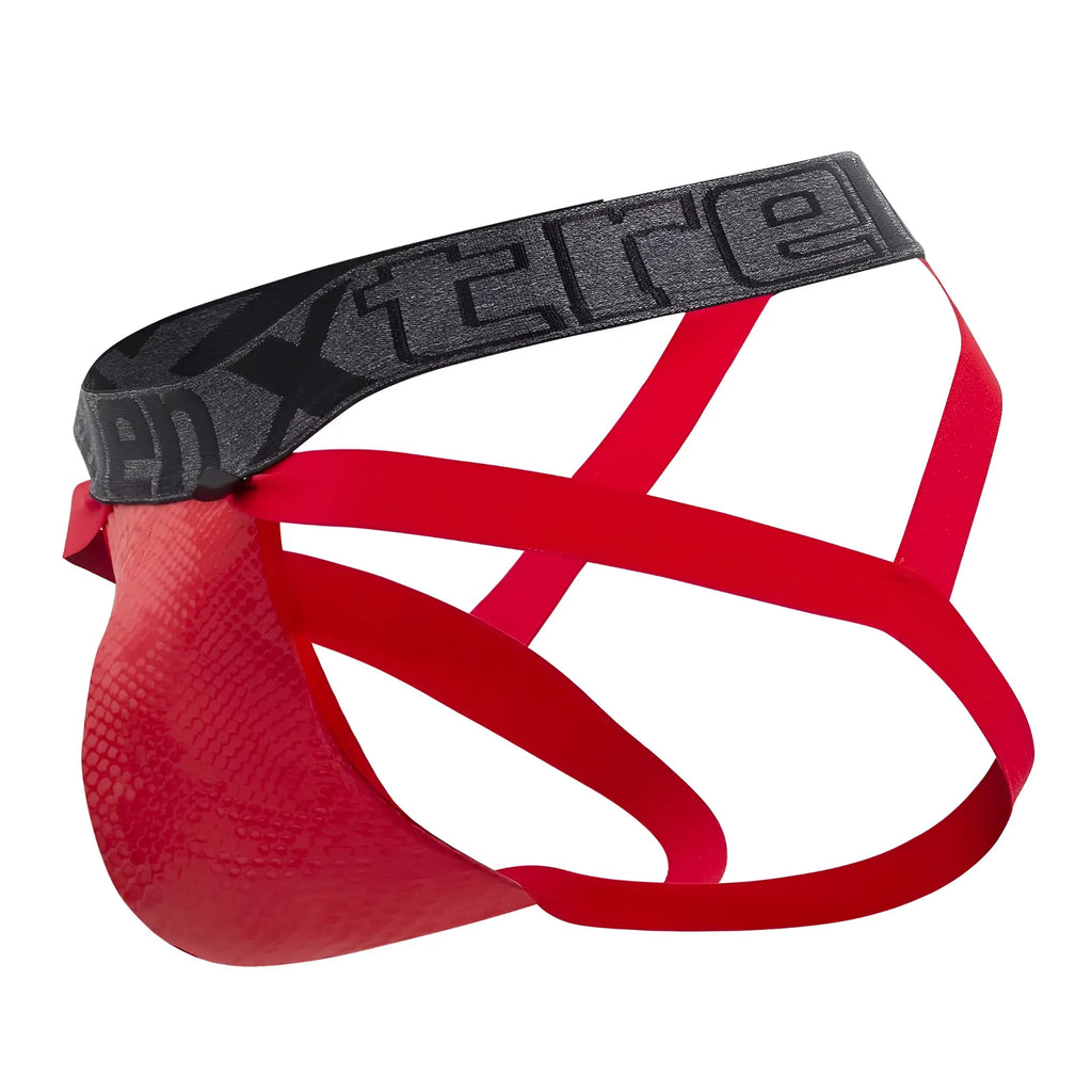 Red xtremen 91128 snake print men’s briefs with snakeskin pattern and black xtreme logo waistband