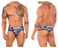 Blue and black camouflage patterned men’s briefs with white xtreme logo band from Xtremen 91131 printed thongs color orange