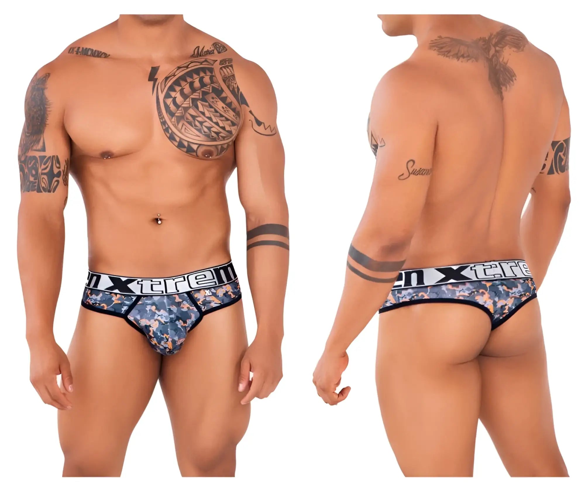 Blue and black camouflage patterned men’s briefs with white xtreme logo band from Xtremen 91131 printed thongs color orange