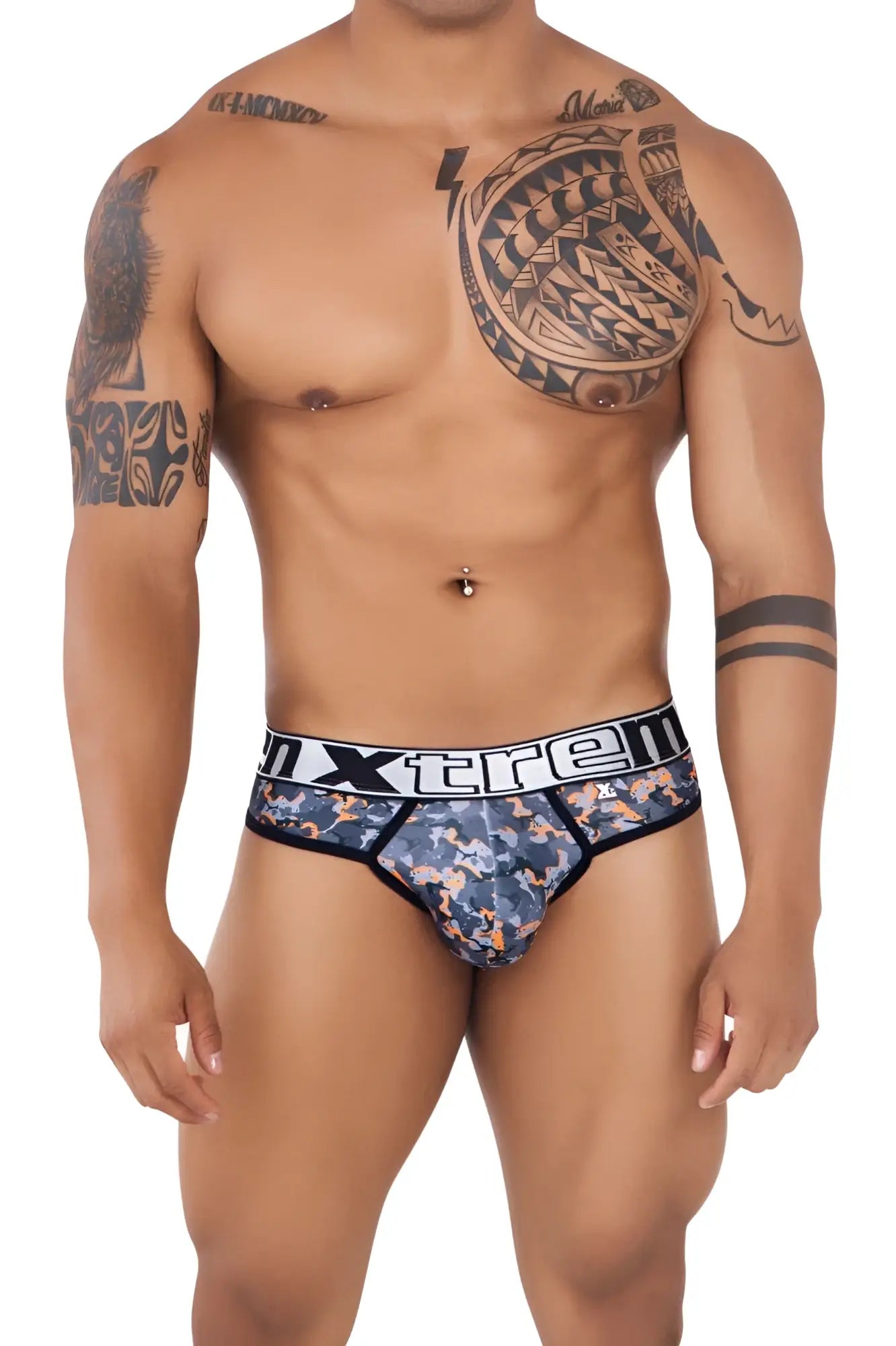Xtremen 91131 printed thongs in blue and orange camouflage with black trim and white xtreme waistband branding