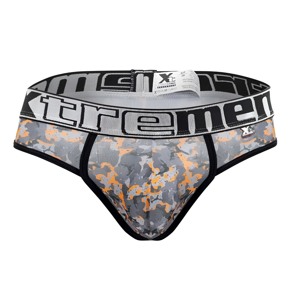 Gray and orange camouflage Xtremen 91131 printed men’s briefs with black waistband and bold white Xtremen branding