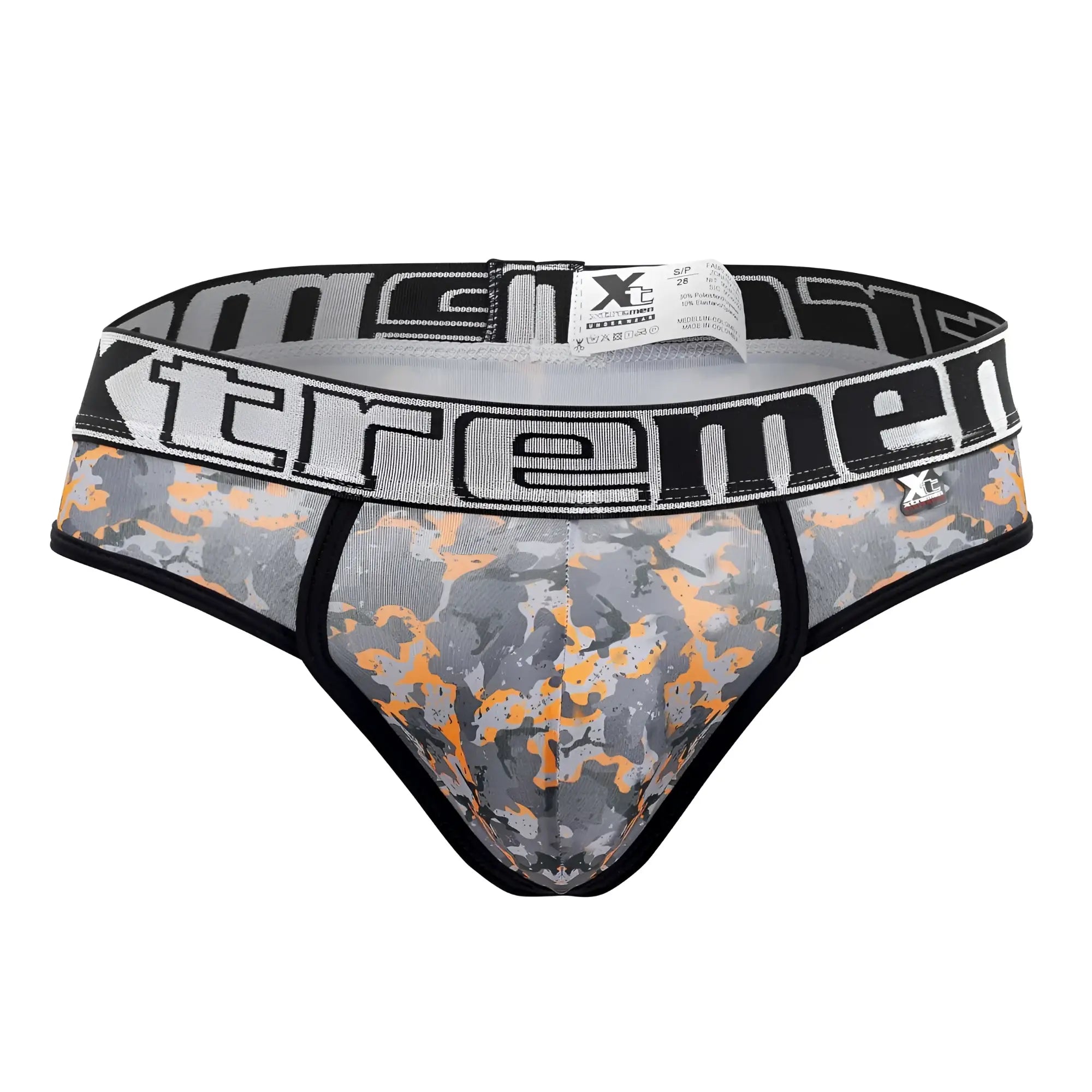 Gray and orange camouflage Xtremen 91131 printed men’s briefs with black waistband and bold white Xtremen branding