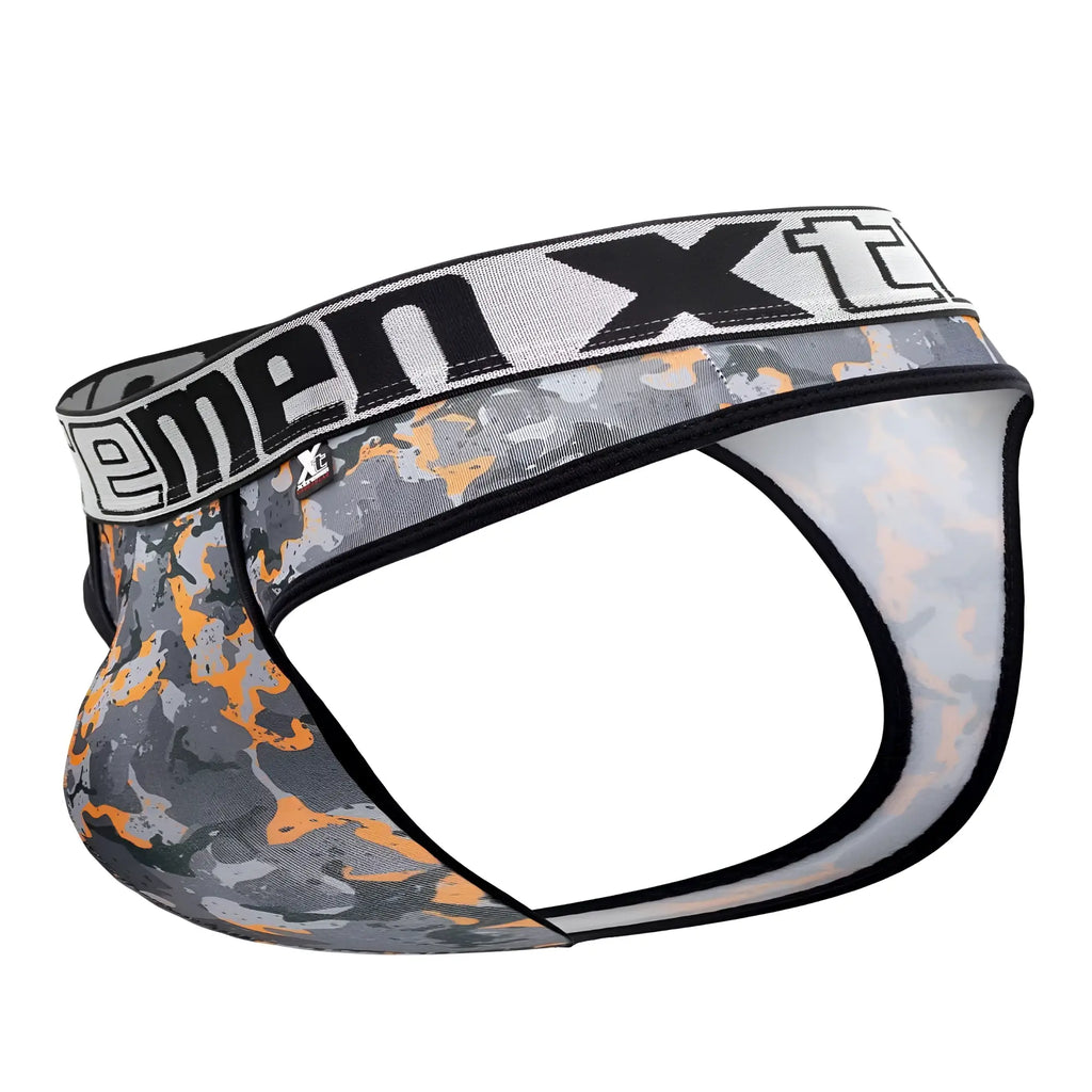 Xtremen 91131 printed thongs in gray and orange camouflage with black trim and menxt waistband branding