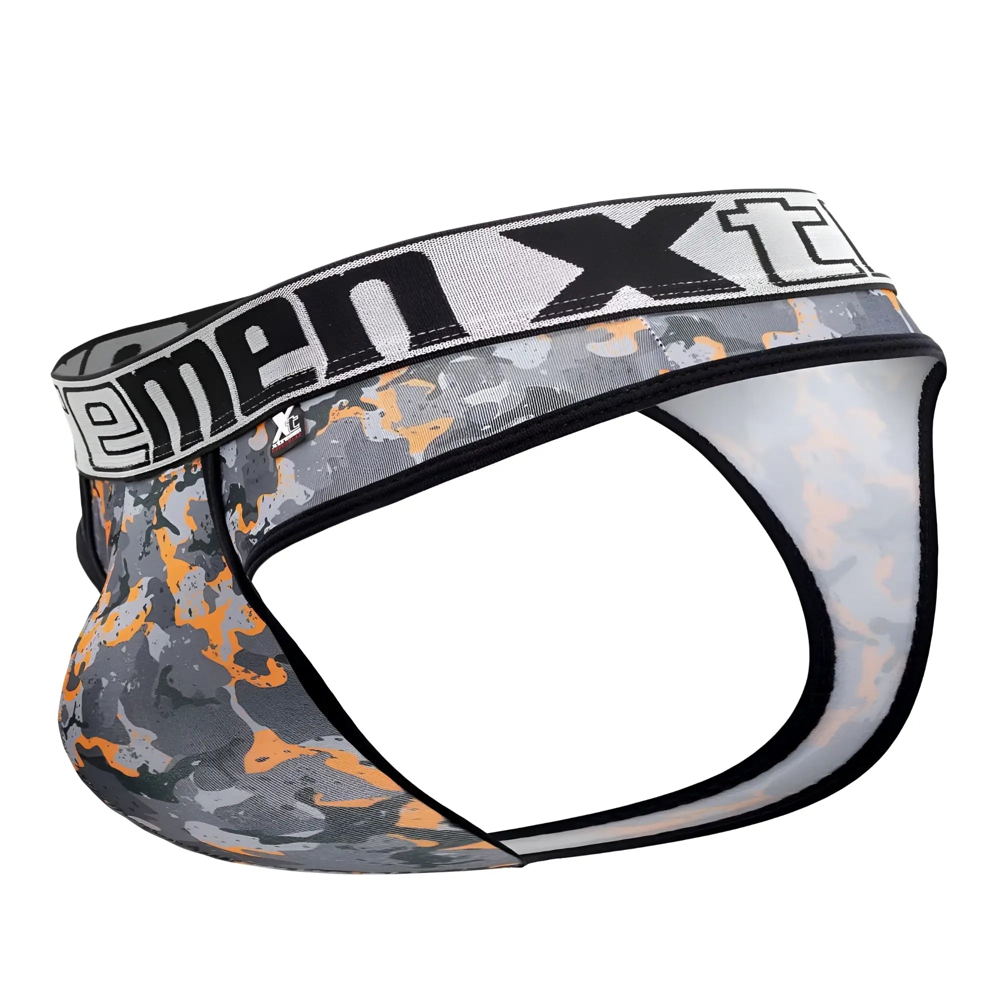 Xtremen 91131 printed thongs in gray and orange camouflage with black trim and menxt waistband branding