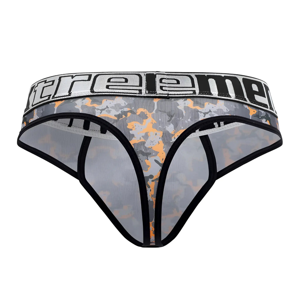 Xtremen 91131 printed thongs in gray and orange camouflage with black trim and xtreme branded waistband for men