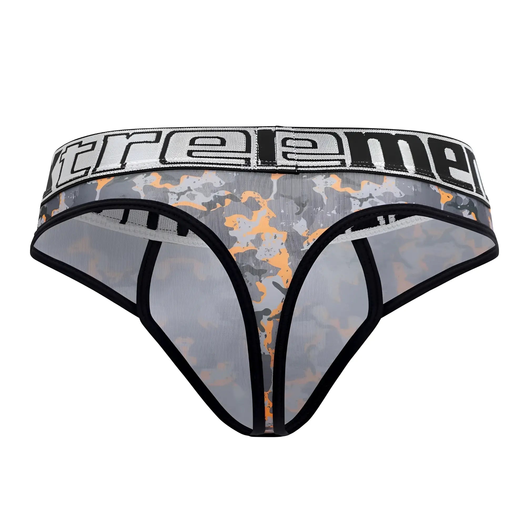 Xtremen 91131 printed thongs in gray and orange camouflage with black trim and xtreme branded waistband for men