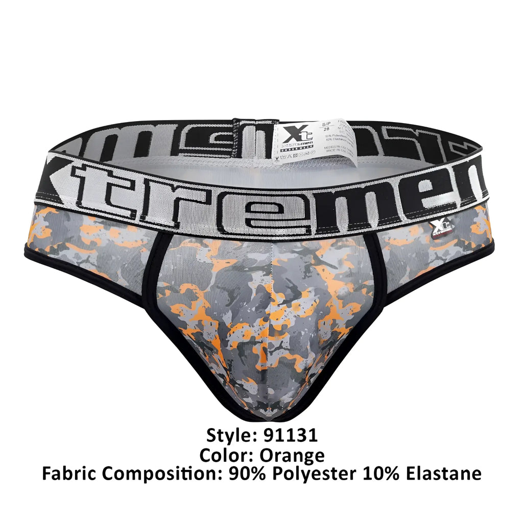 Xtremen 91131 printed thongs in gray and orange camouflage with black elastic waistband featuring xtreme logo