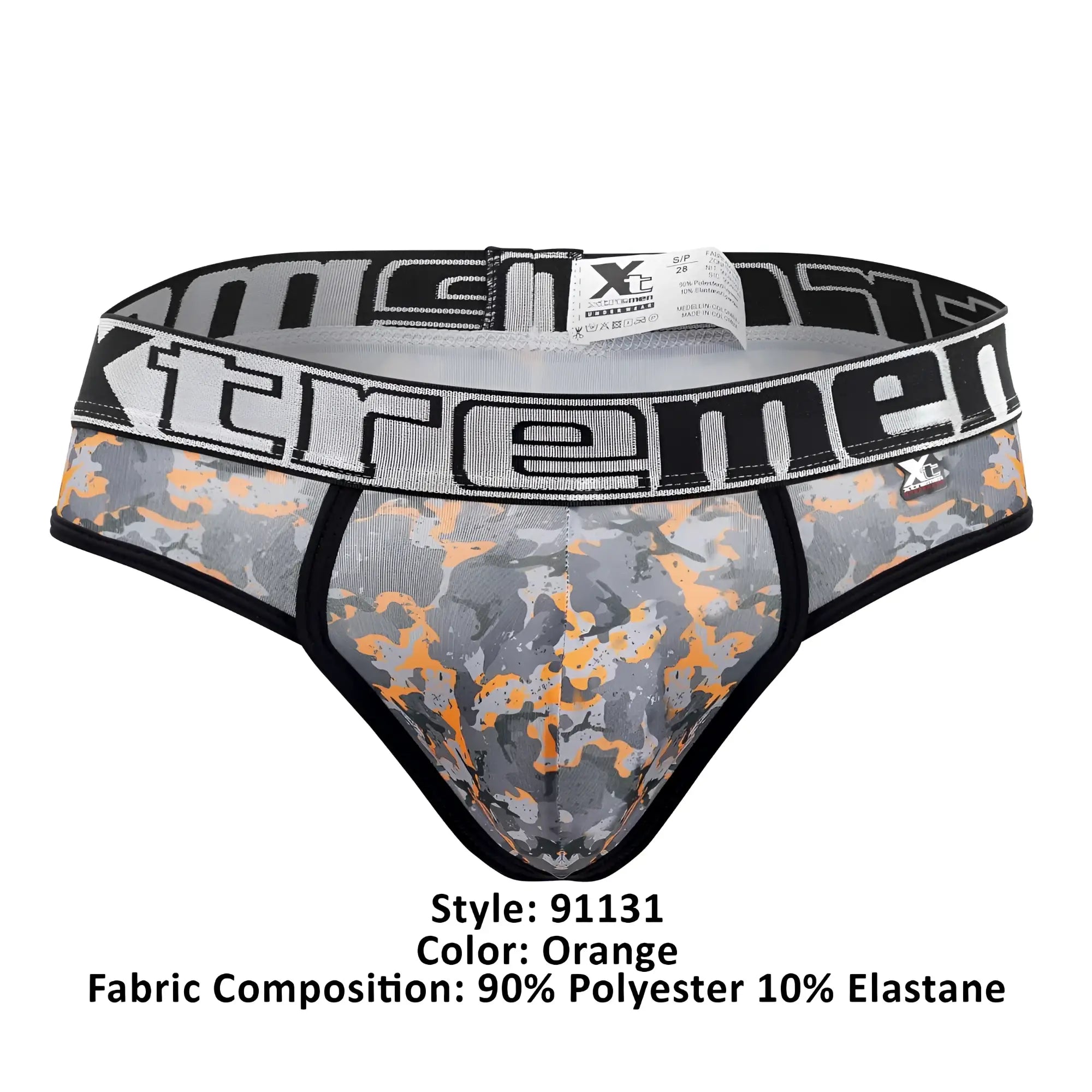 Xtremen 91131 printed thongs in gray and orange camouflage with black elastic waistband featuring xtreme logo