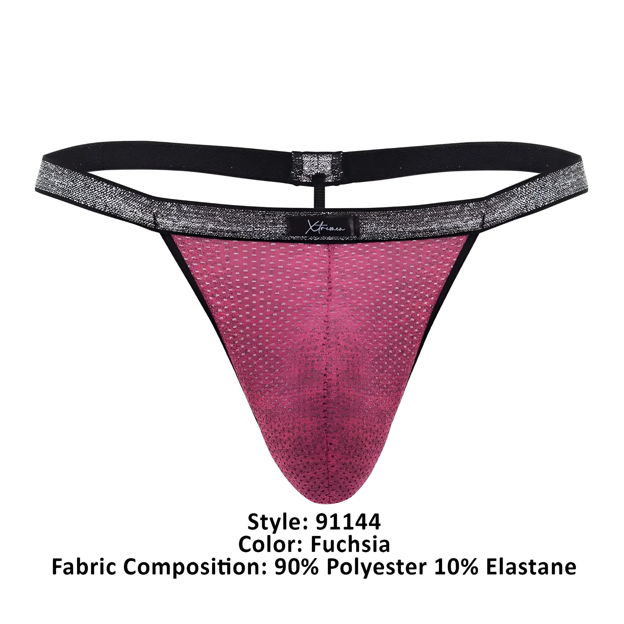Fuchsia xtremen 91144 mesh g-string thong with textured glittery fabric and black elastic waistband front side view