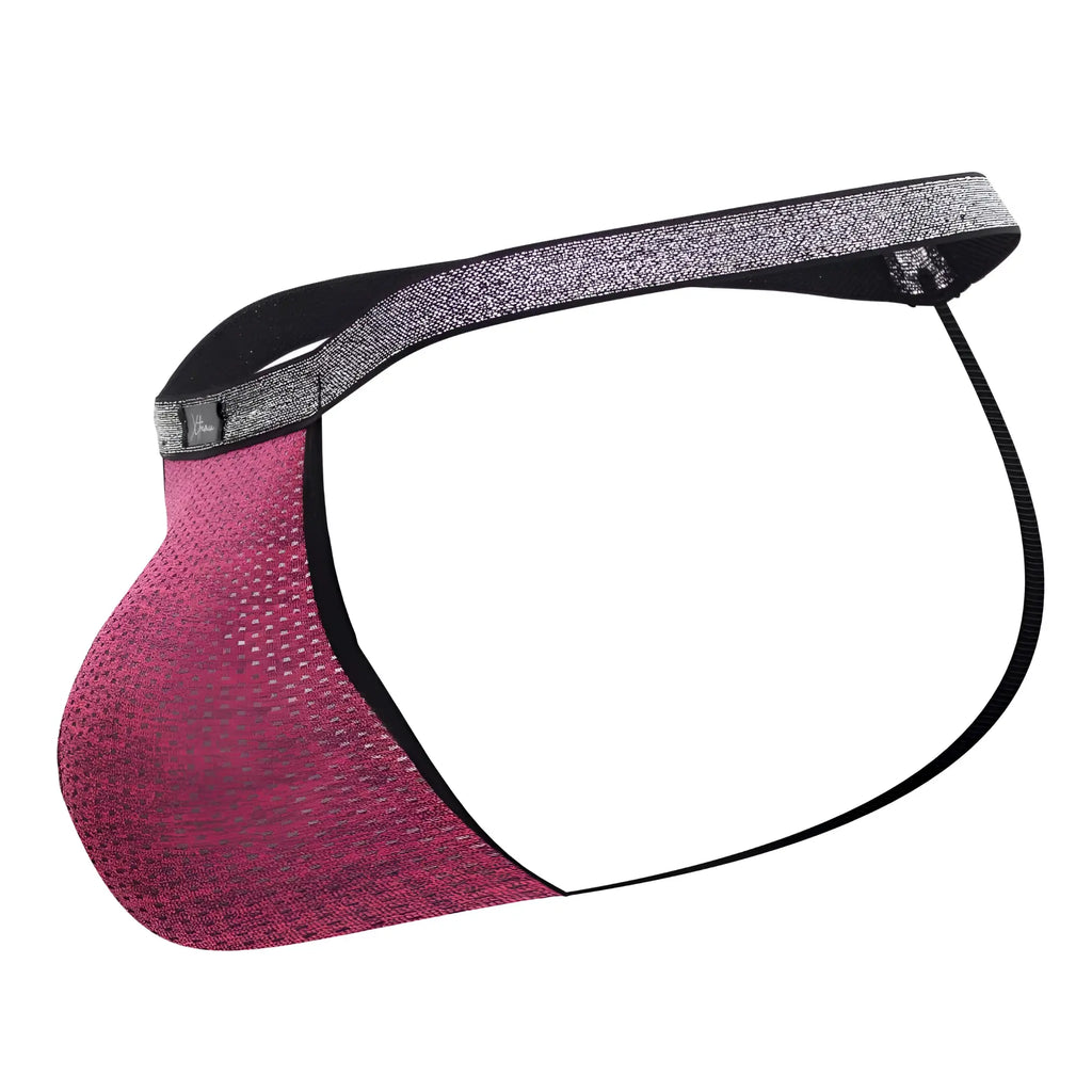 Pink mesh athletic brief with black elastic waistband and silver glitter trim xtremen 91144 mesh g-string fuchsia