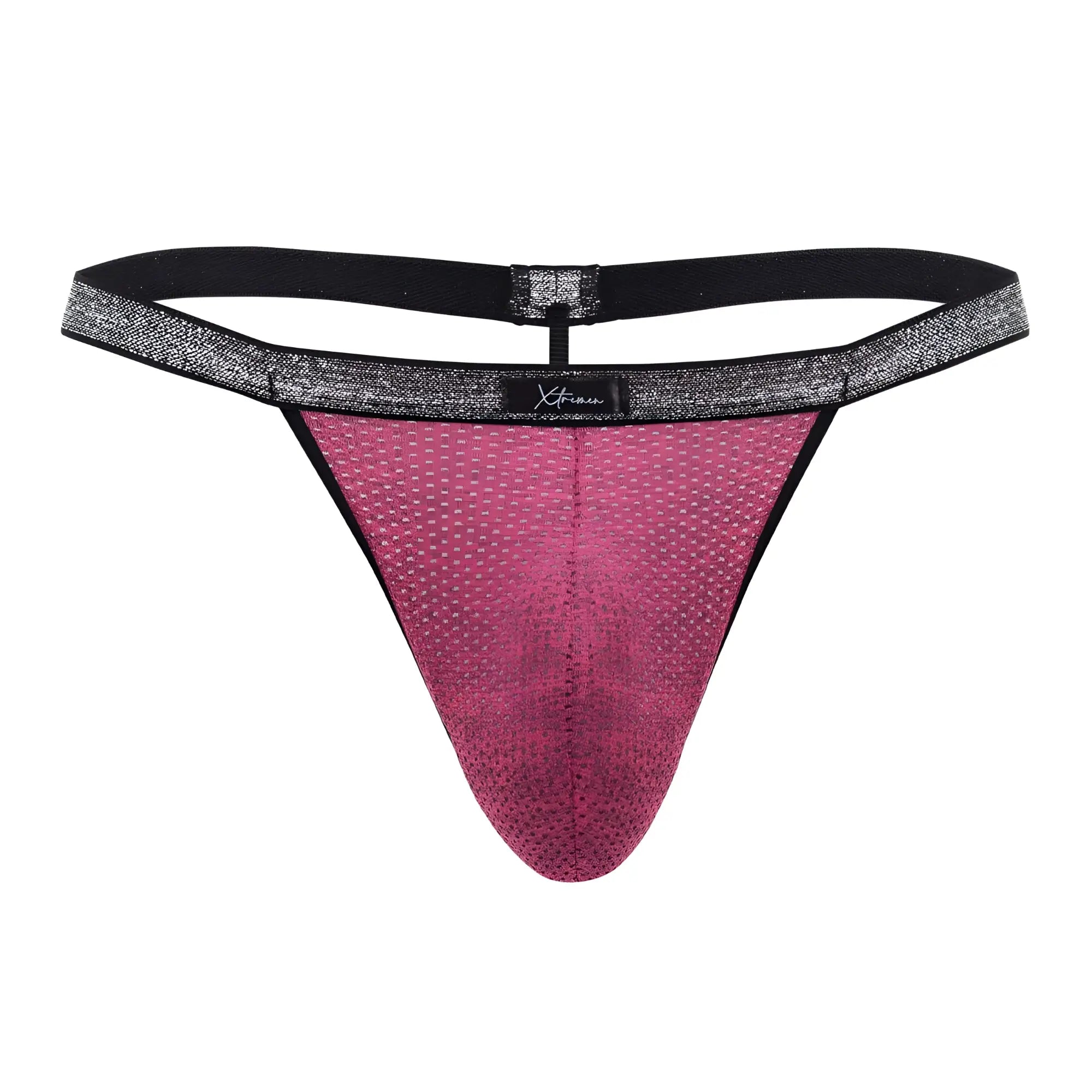 Xtremen 91144 mesh g-string in fuchsia pink with black elastic waistband and silver glitter trim shown from back side