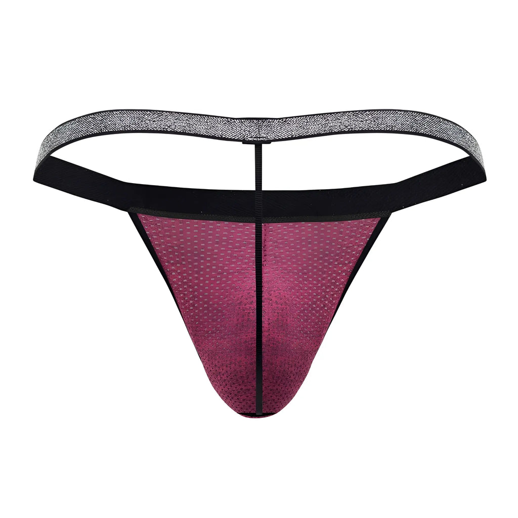 Xtremen 91144 mesh g-string in fuchsia with a sleek gradient magenta mesh, black waistband, and silver textured band