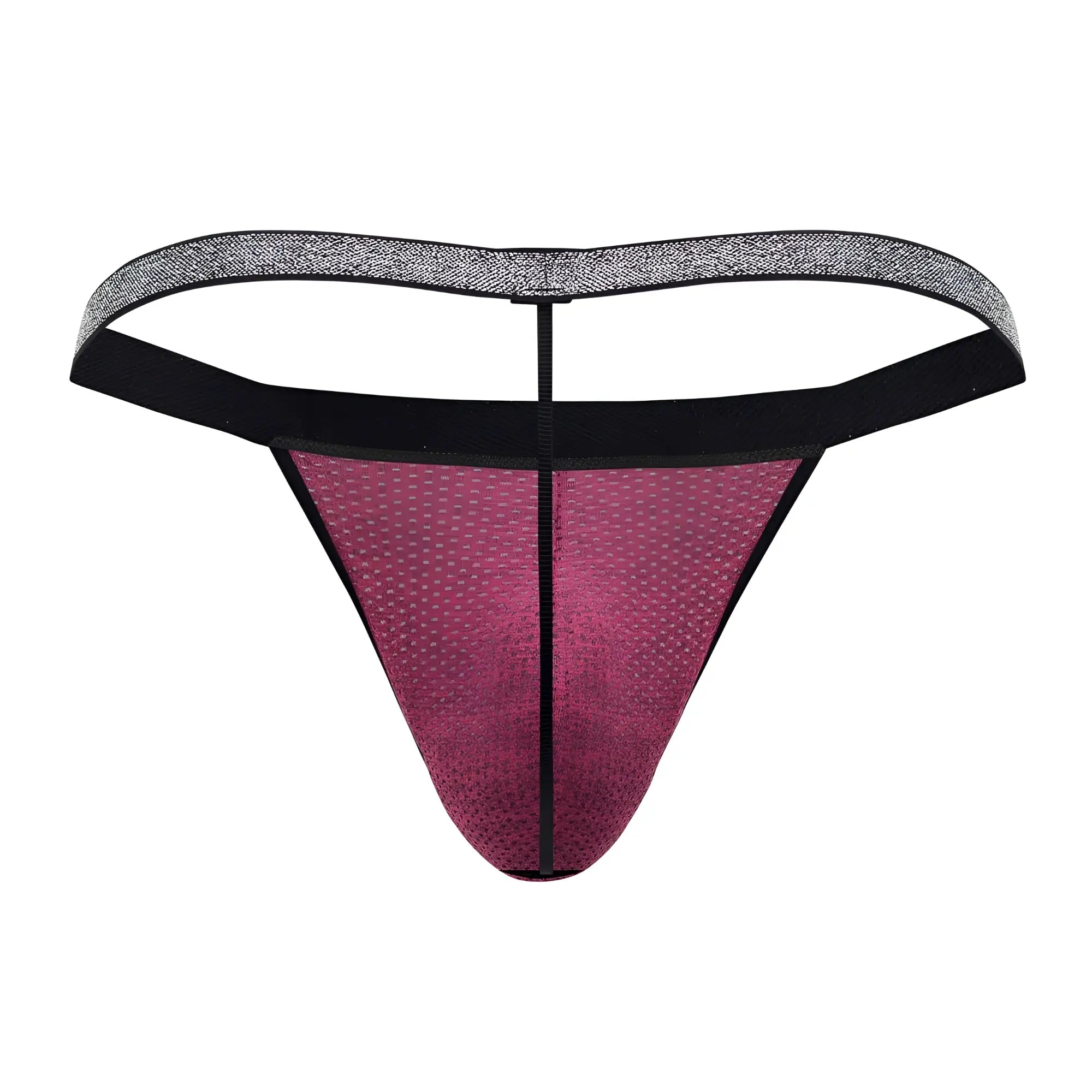 Xtremen 91144 mesh g-string in fuchsia with a sleek gradient magenta mesh, black waistband, and silver textured band