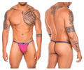 Vibrant pink Xtremen 91144 mesh g-string briefs with textured fabric and a black and silver patterned waistband