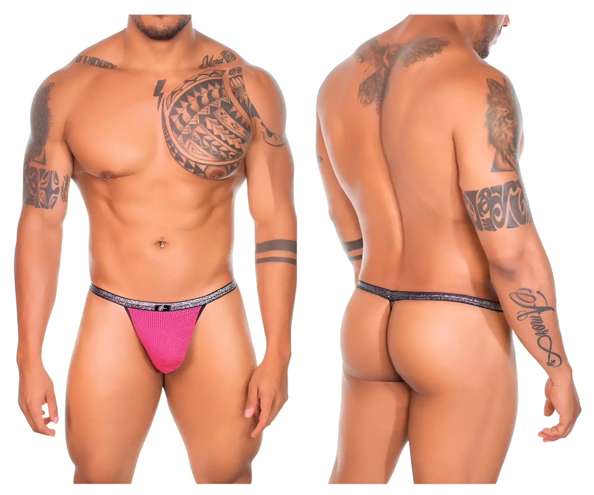 Vibrant pink Xtremen 91144 mesh g-string briefs with textured fabric and a black and silver patterned waistband