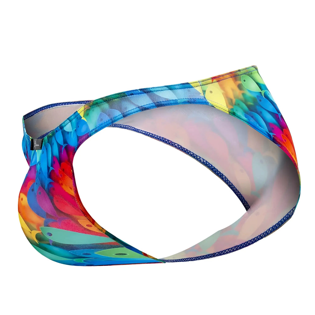 Xtremen 91145 printed microfiber bikini in vibrant rainbow colors with fish pattern and mesh fabric