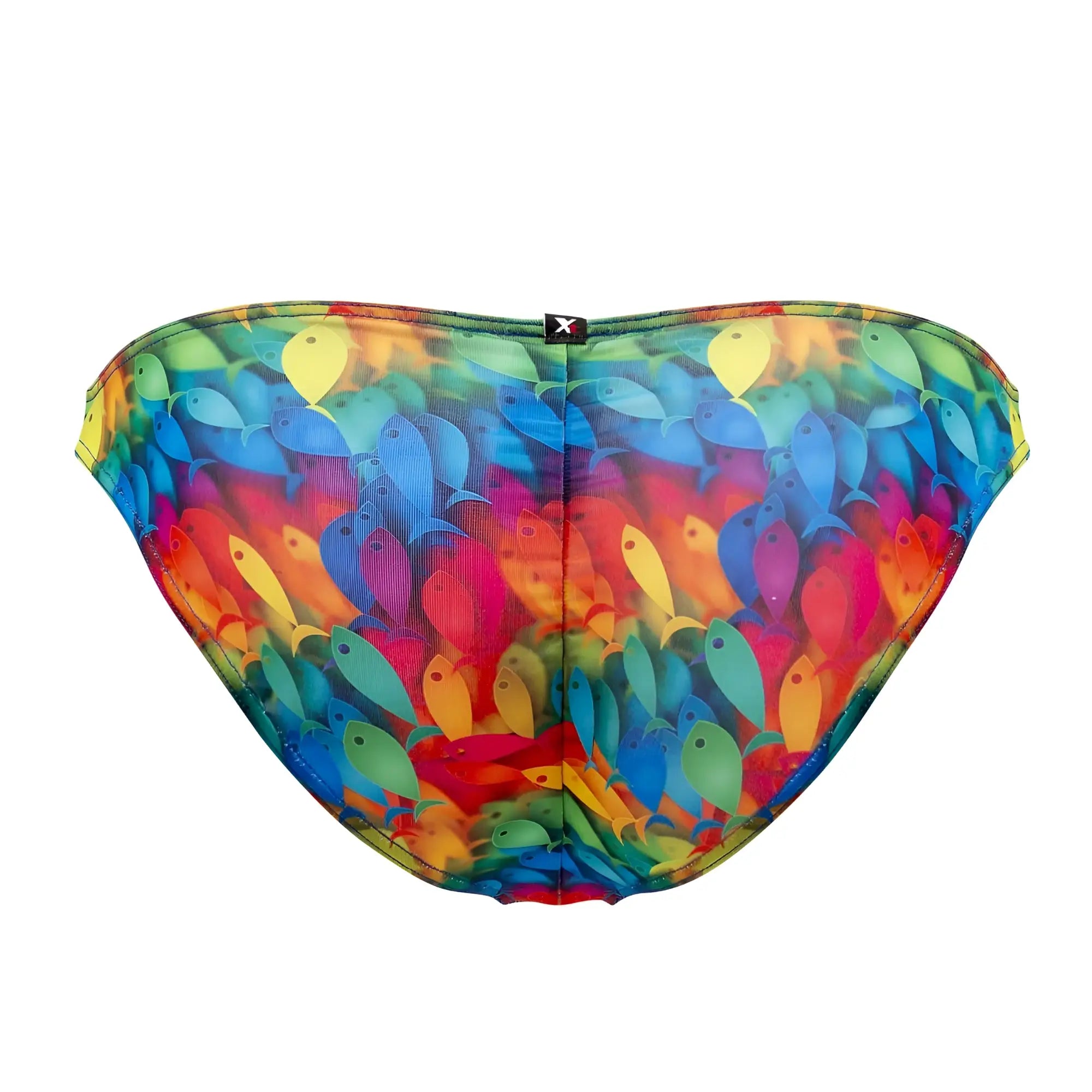 Vibrant rainbow fish microfiber bikini briefs xtremen 91145 with dense stylized fish pattern in multiple hues