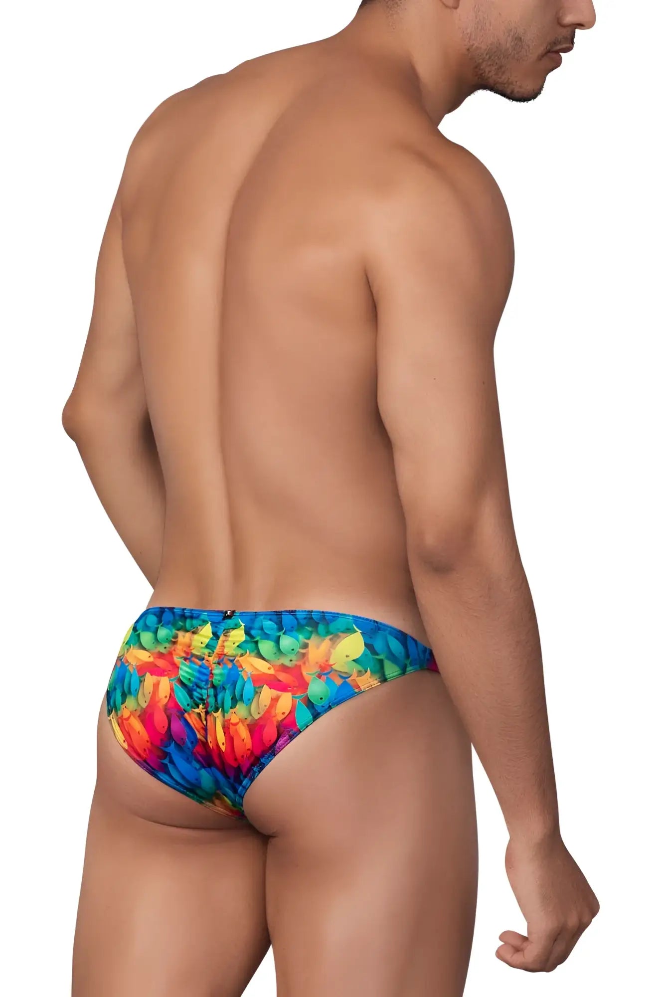 Xtremen 91145 printed microfiber bikini swim trunks with vibrant rainbow fish print on a bold blue base