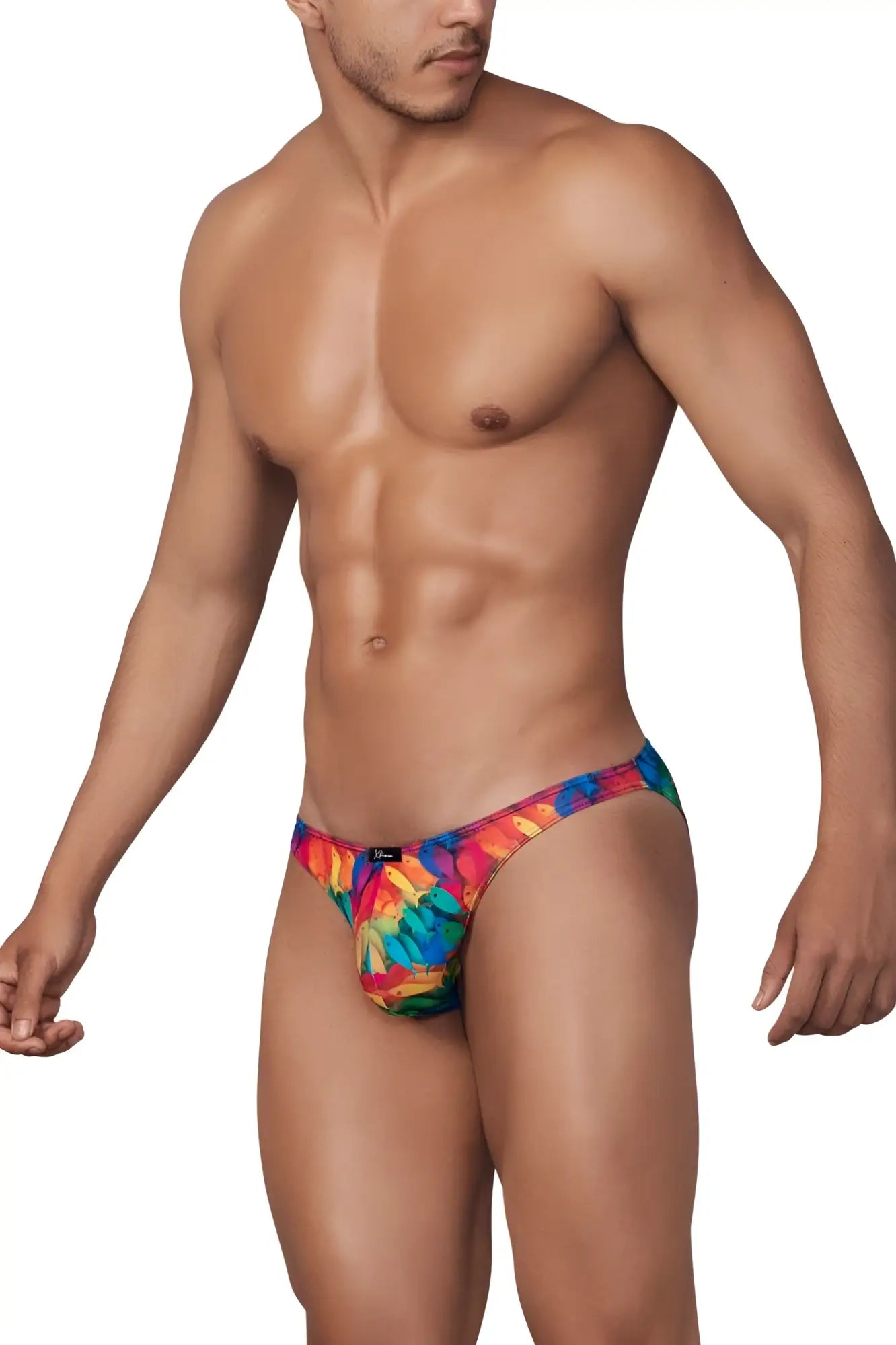 Vibrant rainbow tie-dye printed microfiber bikini briefs for men with a snug fit and elastic waistband by xtremen 91145