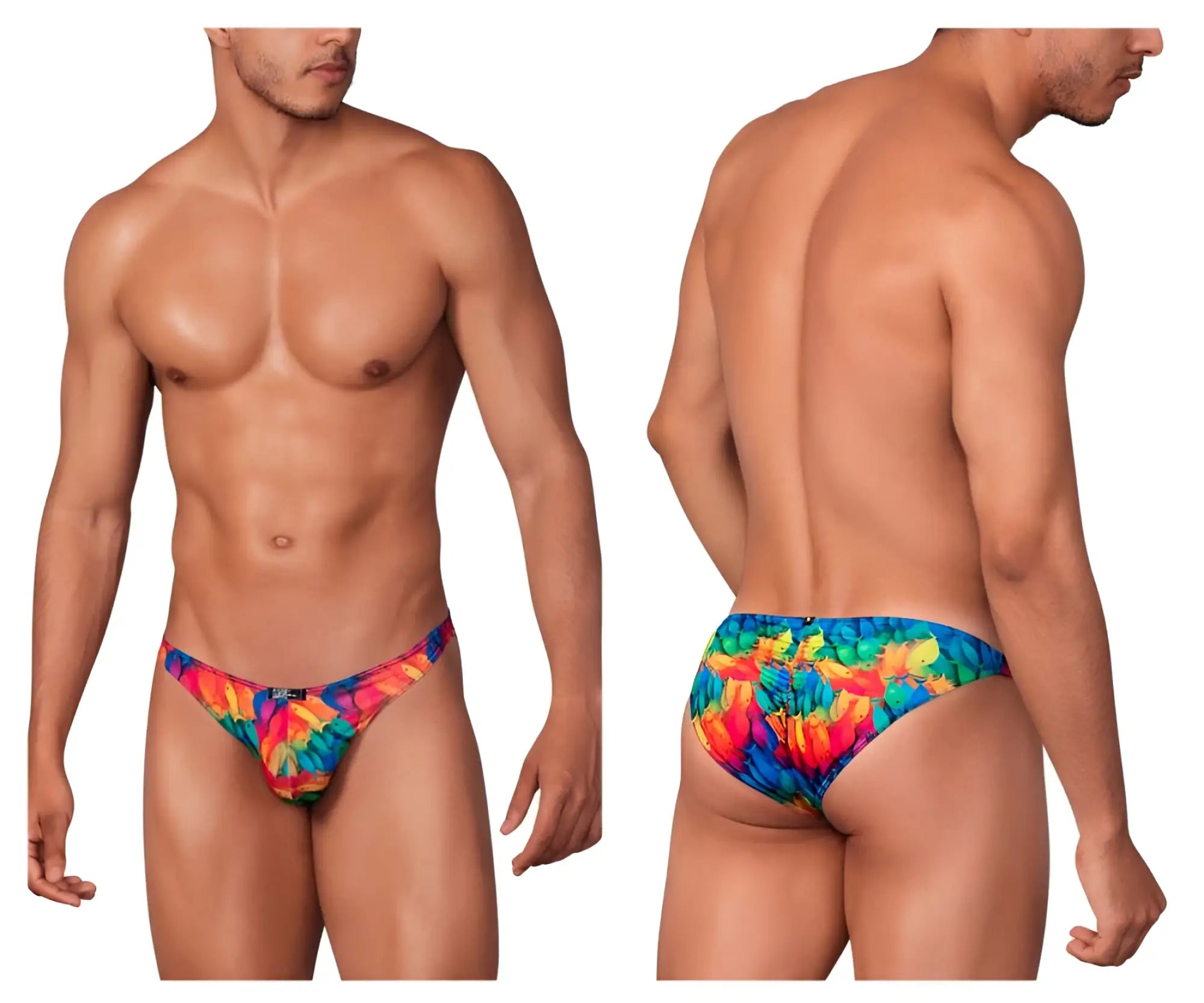 Xtremen 91145 printed microfiber bikini men’s swim trunks with vibrant rainbow tie-dye pattern