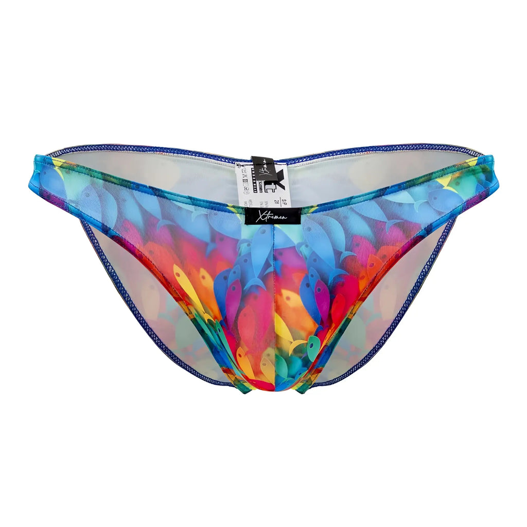 Xtremen 91145 printed microfiber bikini vibrant translucent swim trunks with colorful blue red yellow fish pattern and navy trim