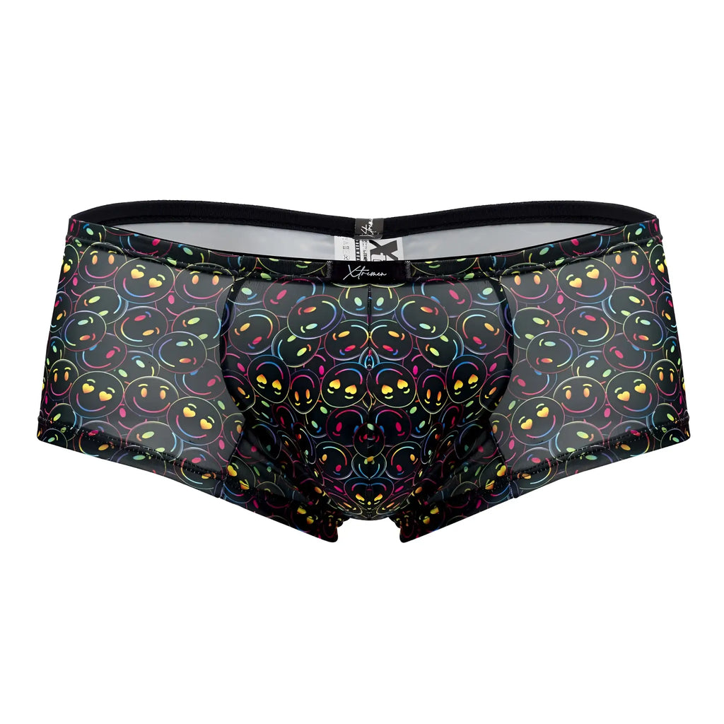 Black mesh Xtremen 91147 printed microfiber trunks with vibrant rainbow smiley face pattern