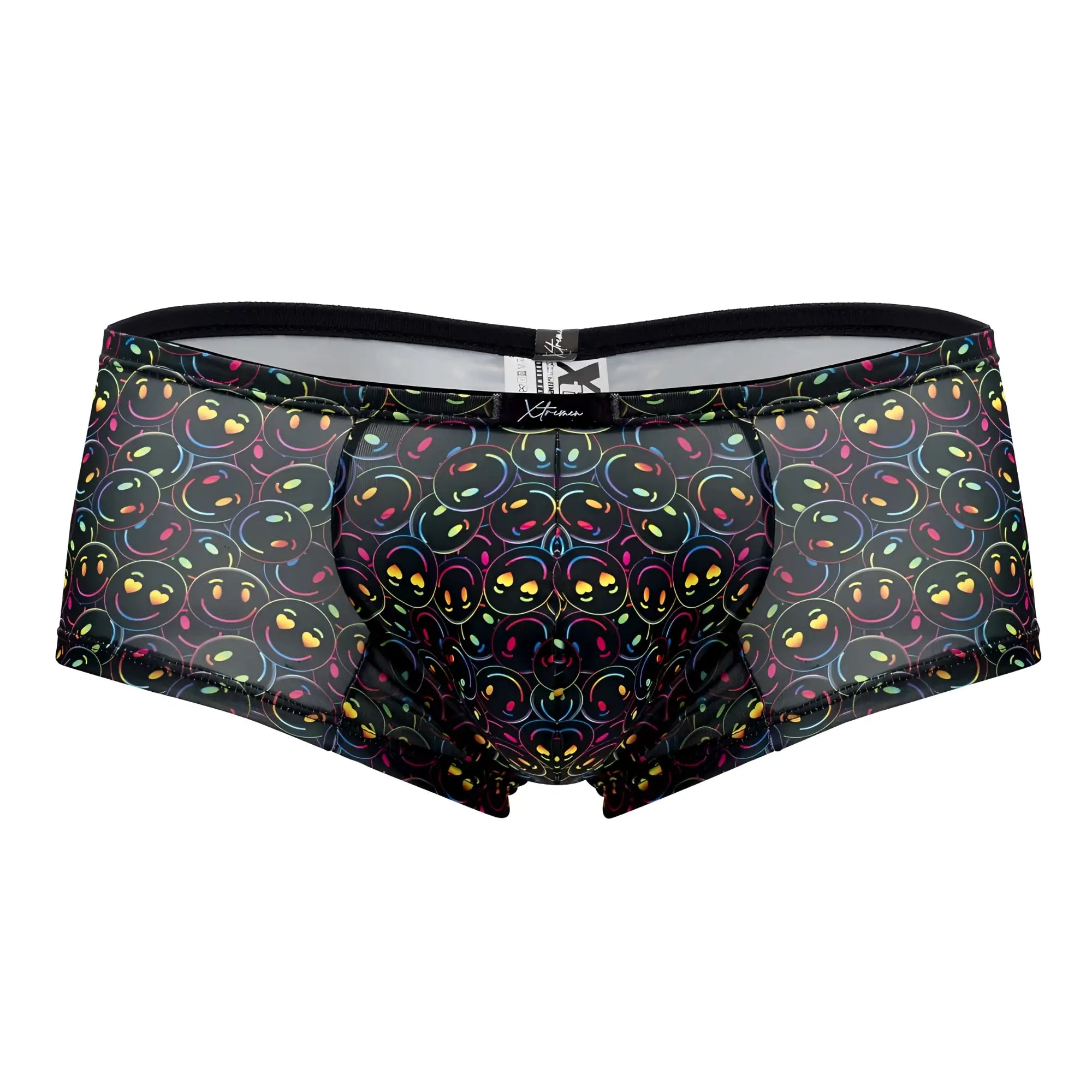 Black mesh Xtremen 91147 printed microfiber trunks with vibrant rainbow smiley face pattern