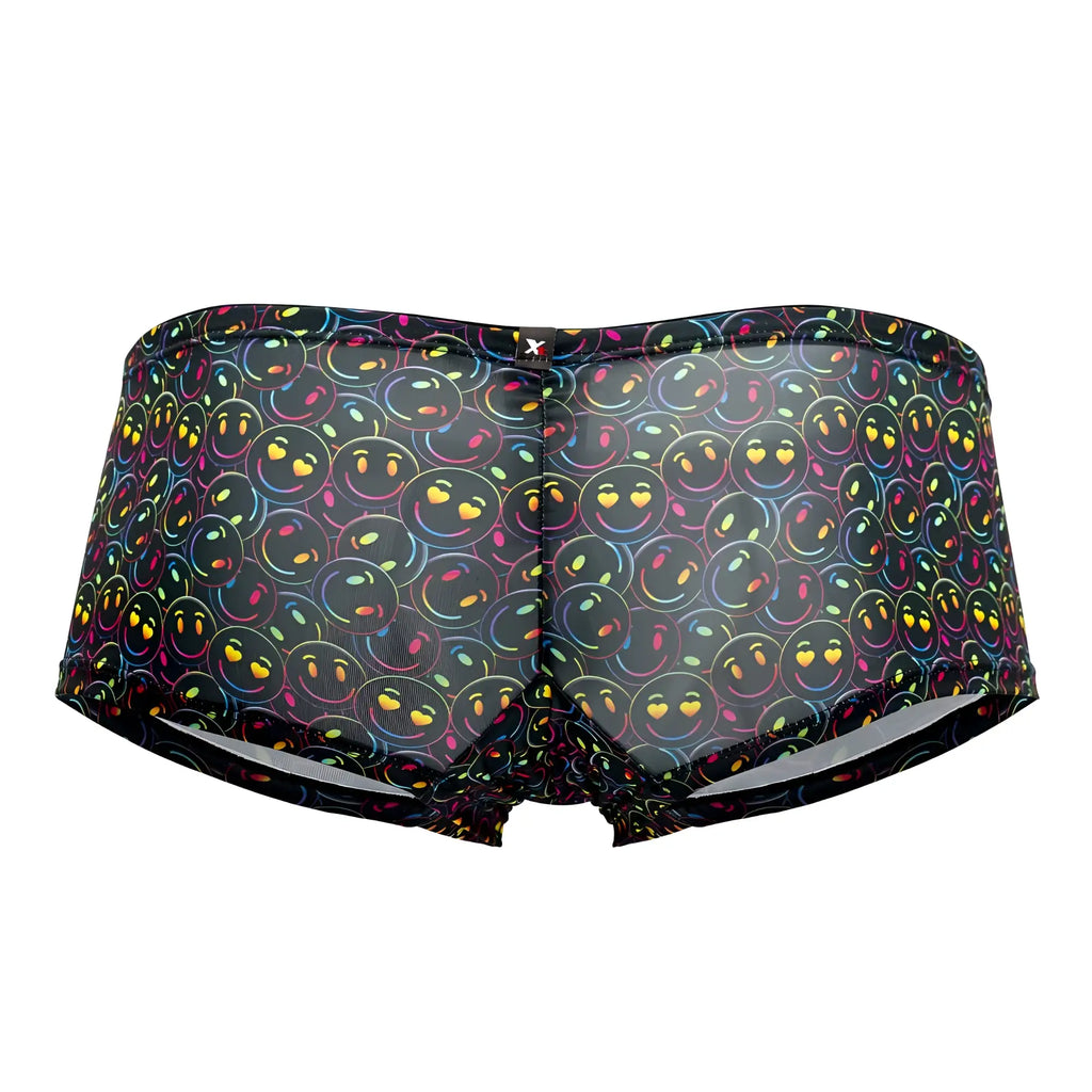 Black mesh Xtremen 91147 printed microfiber trunks with rainbow-outlined smiley faces and yellow heart details