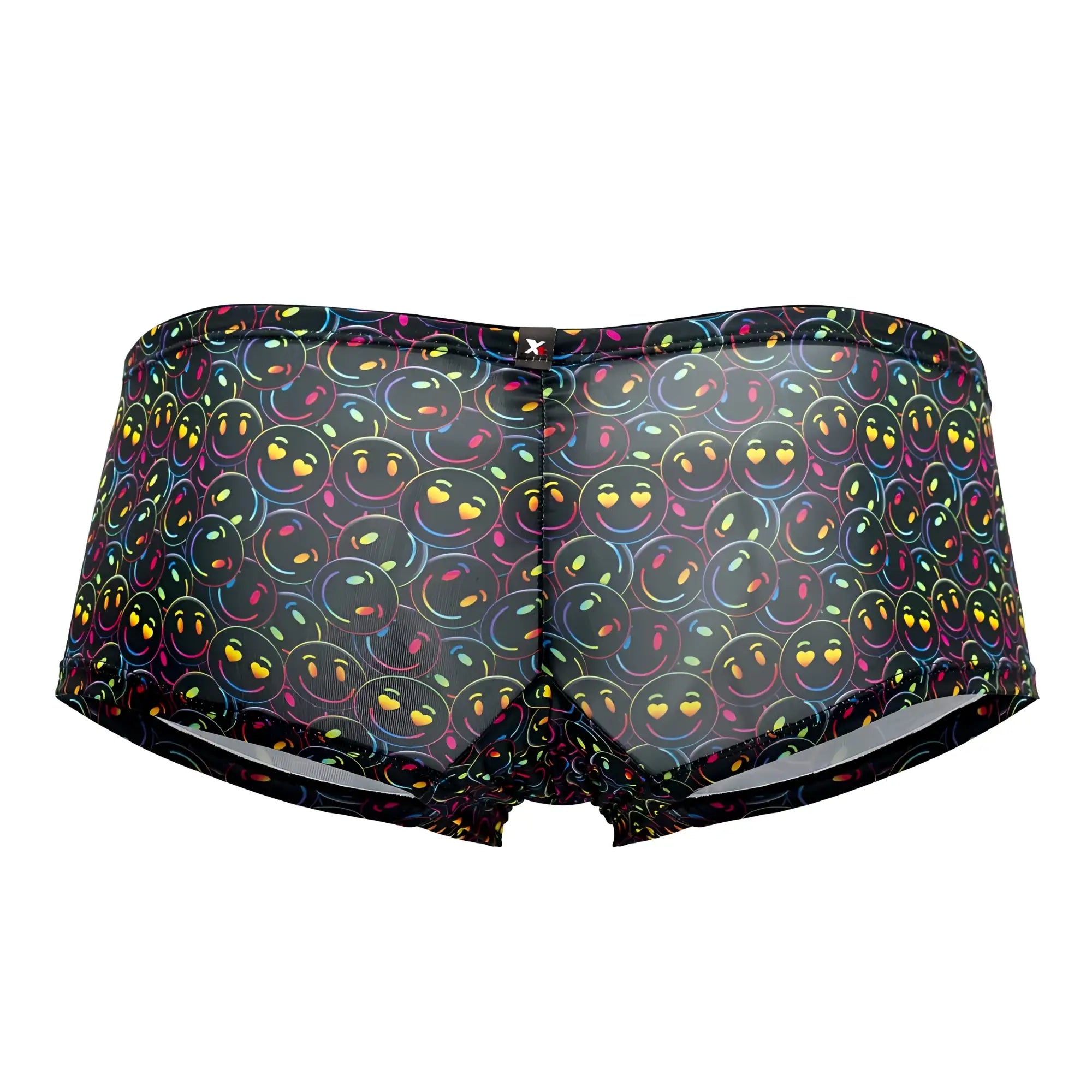 Black mesh Xtremen 91147 printed microfiber trunks with rainbow-outlined smiley faces and yellow heart details