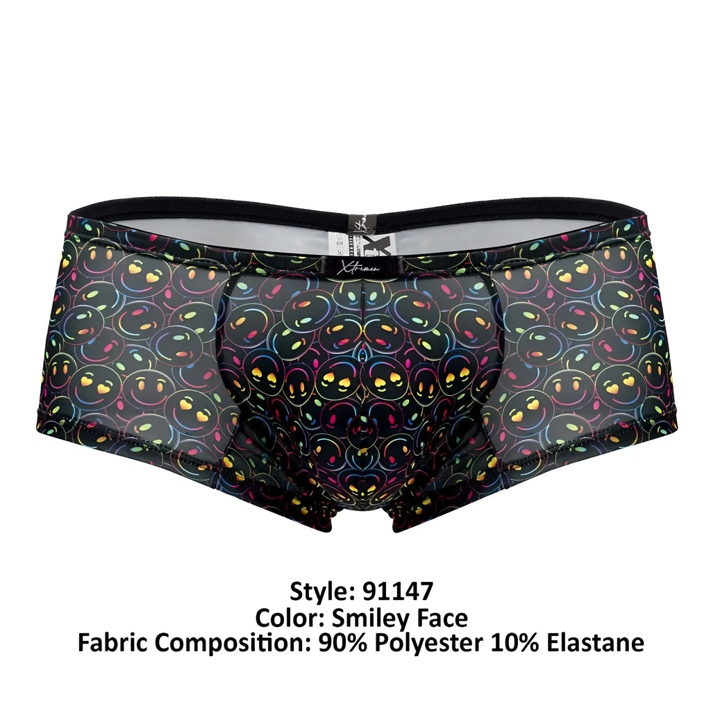Black sheer Xtremen 91147 printed microfiber briefs with vibrant rainbow-outlined smiling faces and yellow eyes