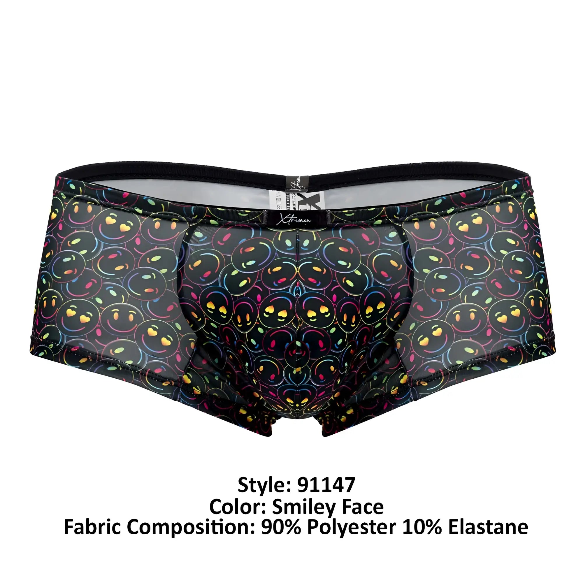 Black sheer Xtremen 91147 printed microfiber briefs with vibrant rainbow-outlined smiling faces and yellow eyes