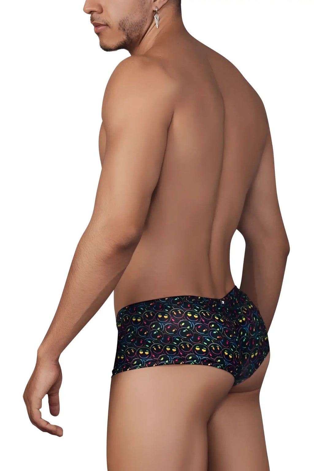 Black microfiber swim trunks with a vibrant glowing rainbow smiley face pattern xtremen 91147 printed microfiber trunks