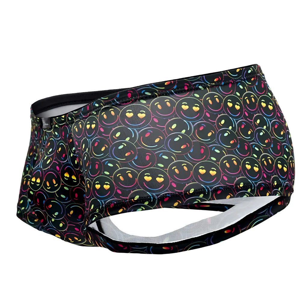 Black Xtremen 91147 printed microfiber swim trunks with vibrant rainbow smiley face pattern and yellow heart eyes