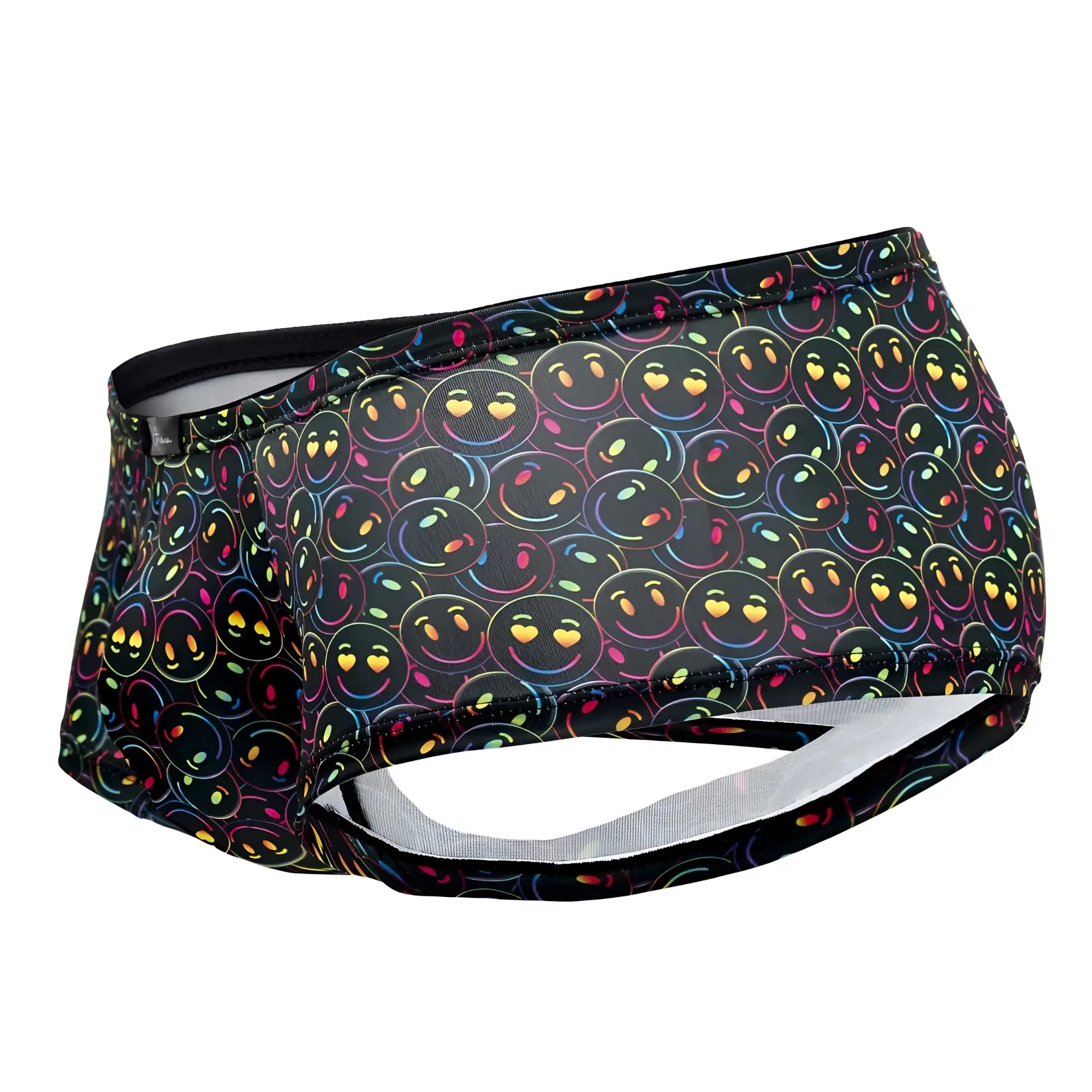 Black Xtremen 91147 printed microfiber swim trunks with vibrant rainbow smiley face pattern and yellow heart eyes