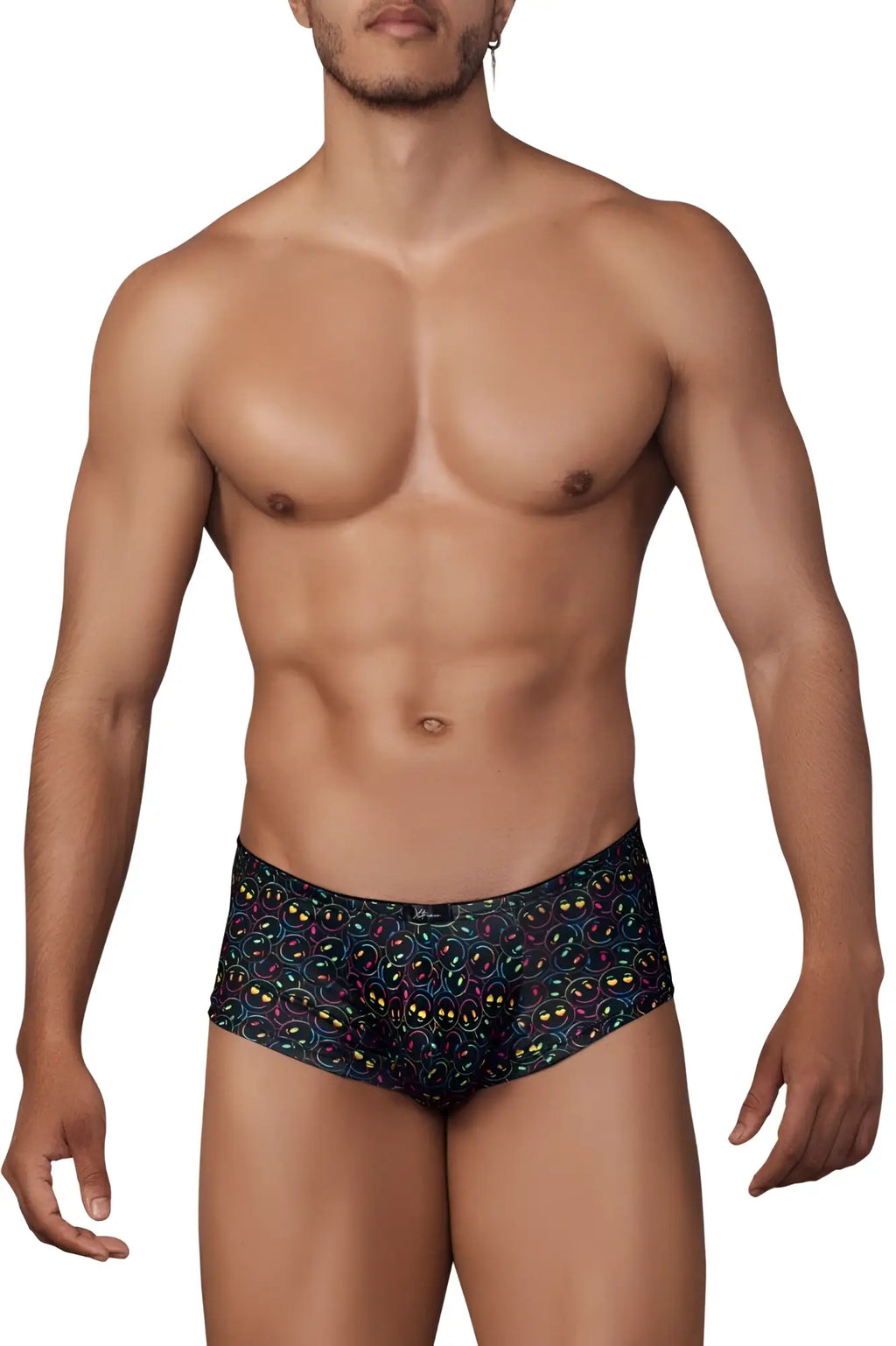 Black Xtremen 91147 printed microfiber trunks with colorful cartoon eyes in yellow pink and blue on black briefs