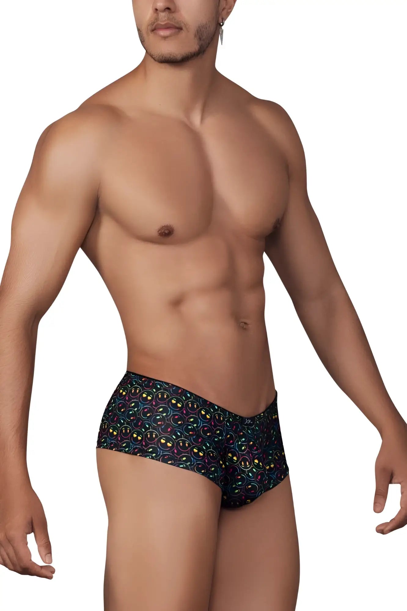 Black Xtremen 91147 printed microfiber trunks with vibrant colorful smiley face pattern and rainbow outlines