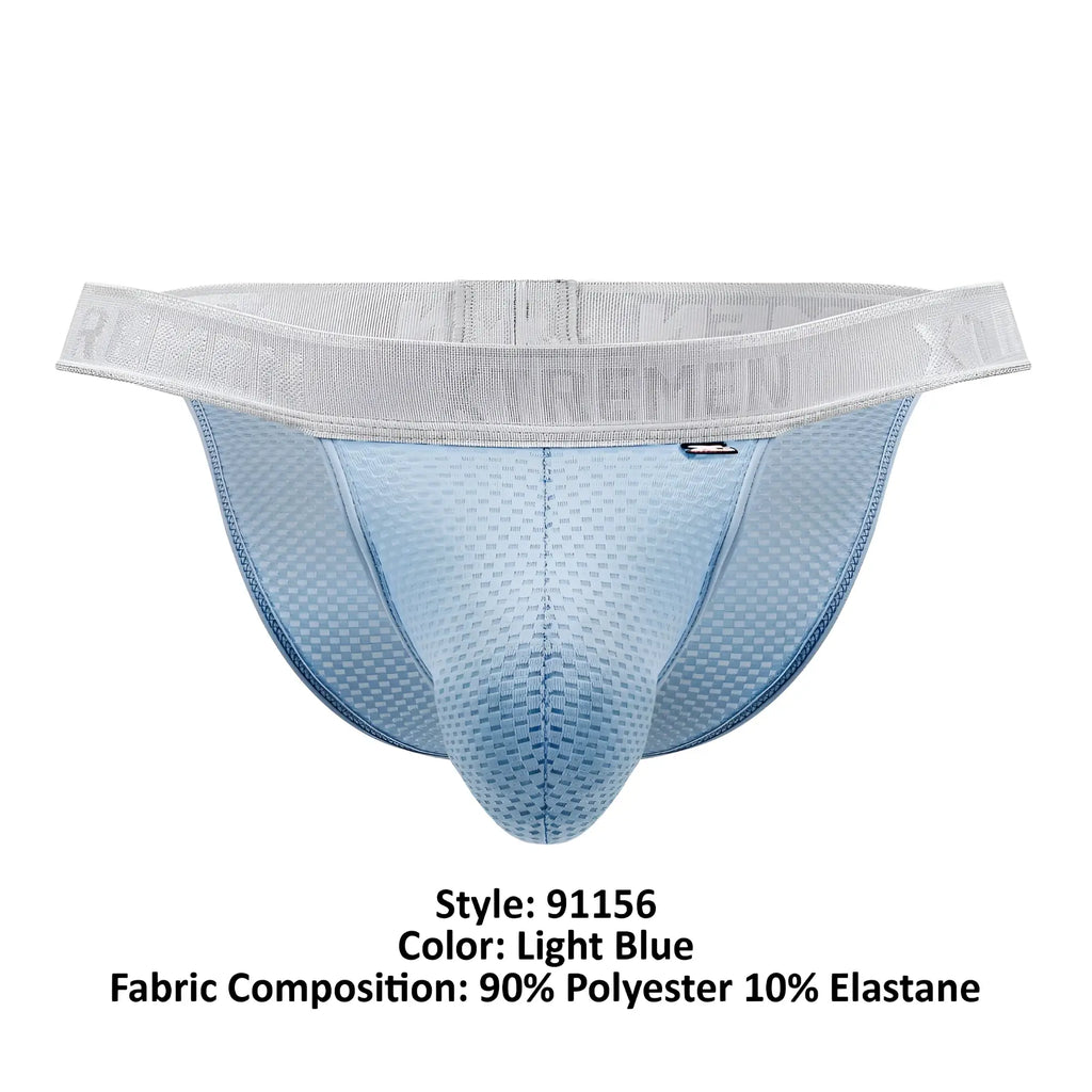 Light blue Xtremen 91156 Capriati bikini briefs with breathable textured mesh fabric and gray elastic waistband