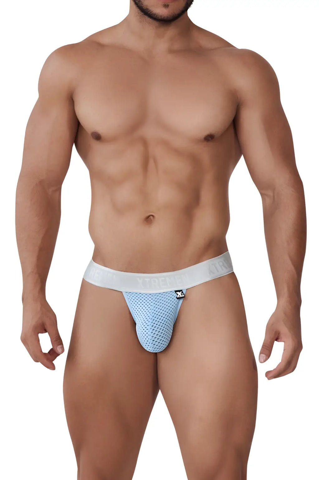 Light blue mesh xtremen 91156 capriati bikini jockstrap with white waistband and brand logo visible from front