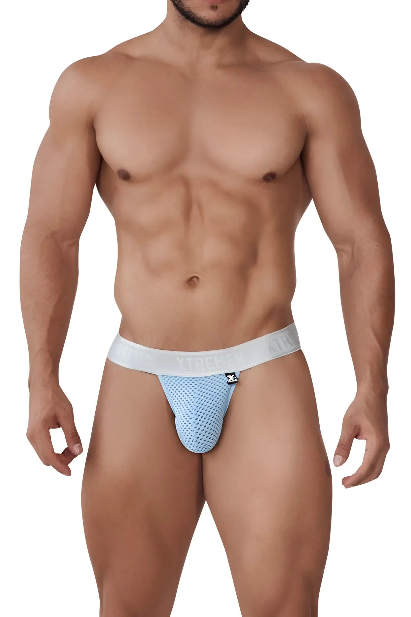 Light blue mesh xtremen 91156 capriati bikini jockstrap with white waistband and brand logo visible from front