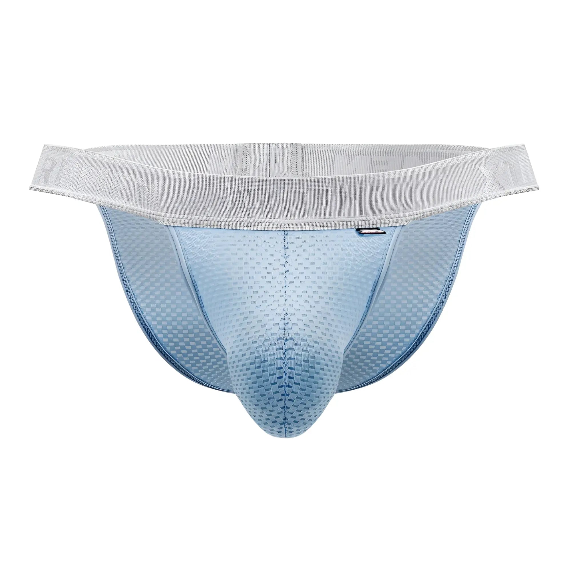 Light blue mesh textured xtremen 91156 capriati bikini briefs with gray elastic waistband and logo detail
