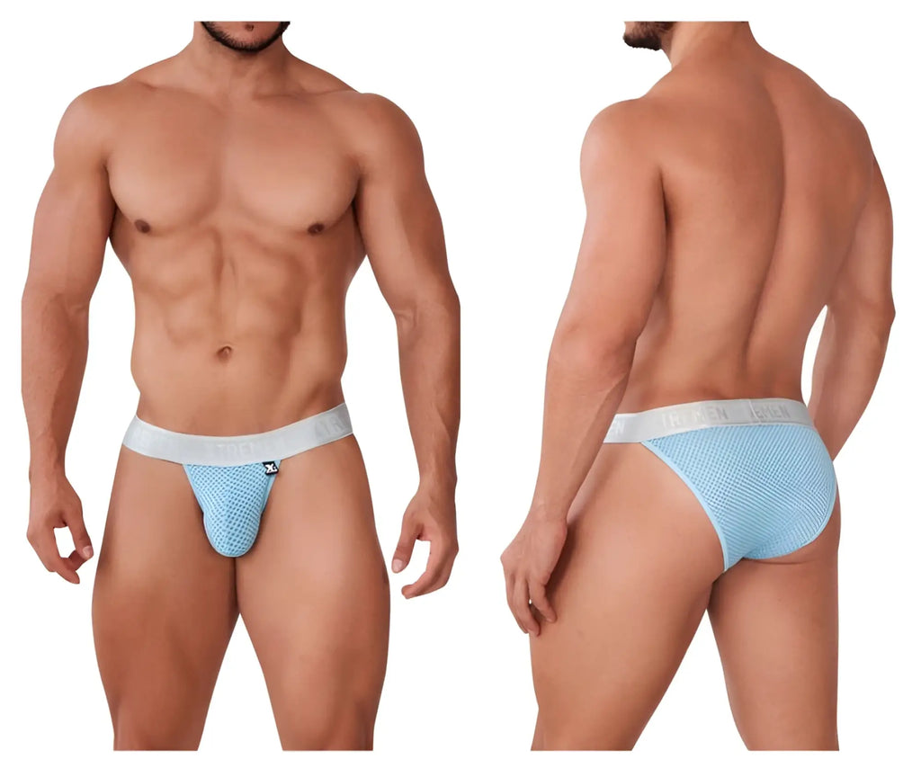 Light blue mesh Xtremen 91156 Capriati bikini briefs with white elastic waistband featuring the brand logo