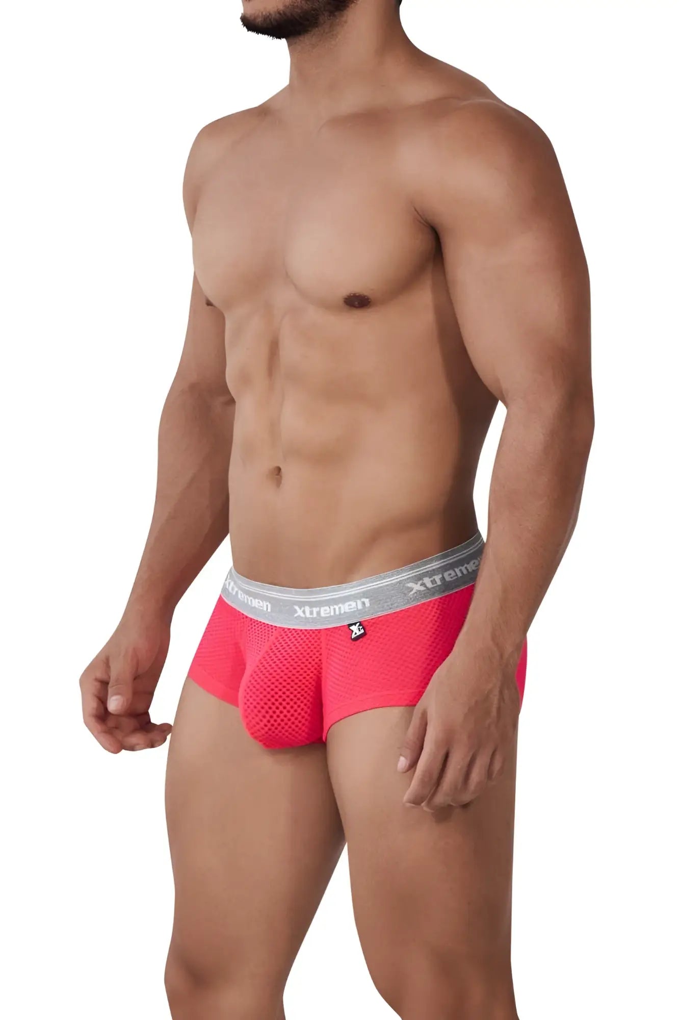 Xtremen 91158 capriati trunks candy color bright pink mesh briefs with gray waistband featuring xtremen logo