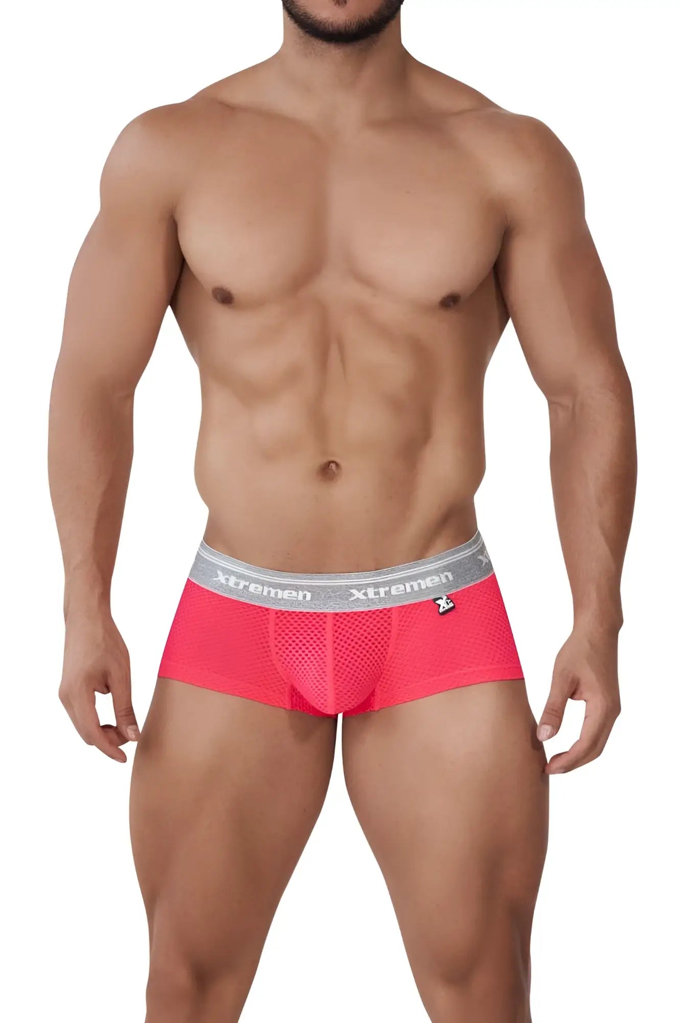 Xtremen 91158 capriati trunks candy color bright pink mesh textured men’s briefs with gray xtremen waistband