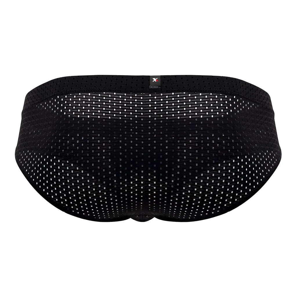 Xtremen 91169 mesh briefs in black featuring a subtle white dot pattern and elastic waistband with brand tag