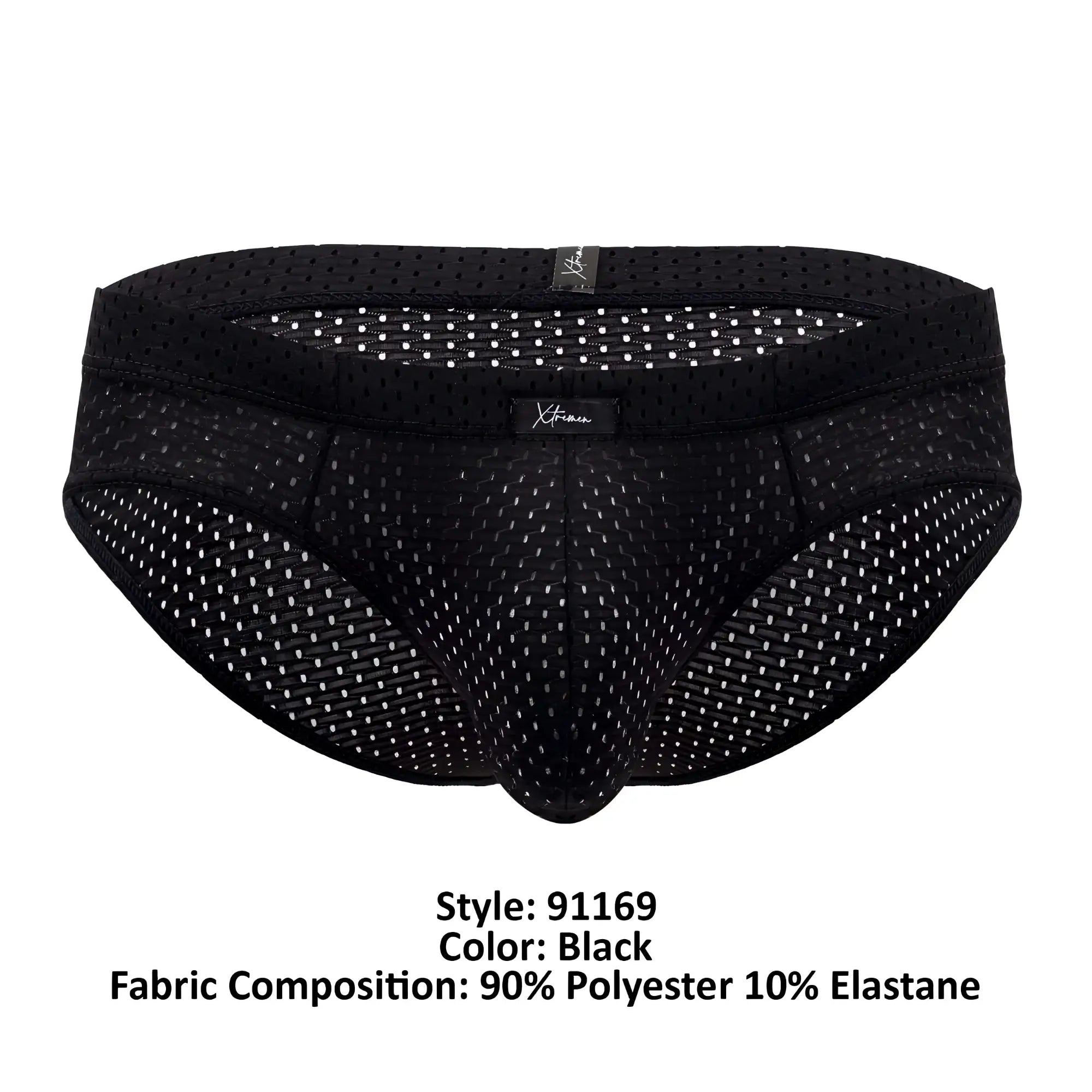 Xtremen 91169 mesh briefs in black with subtle white dot pattern and branded tags made from breathable mesh fabric