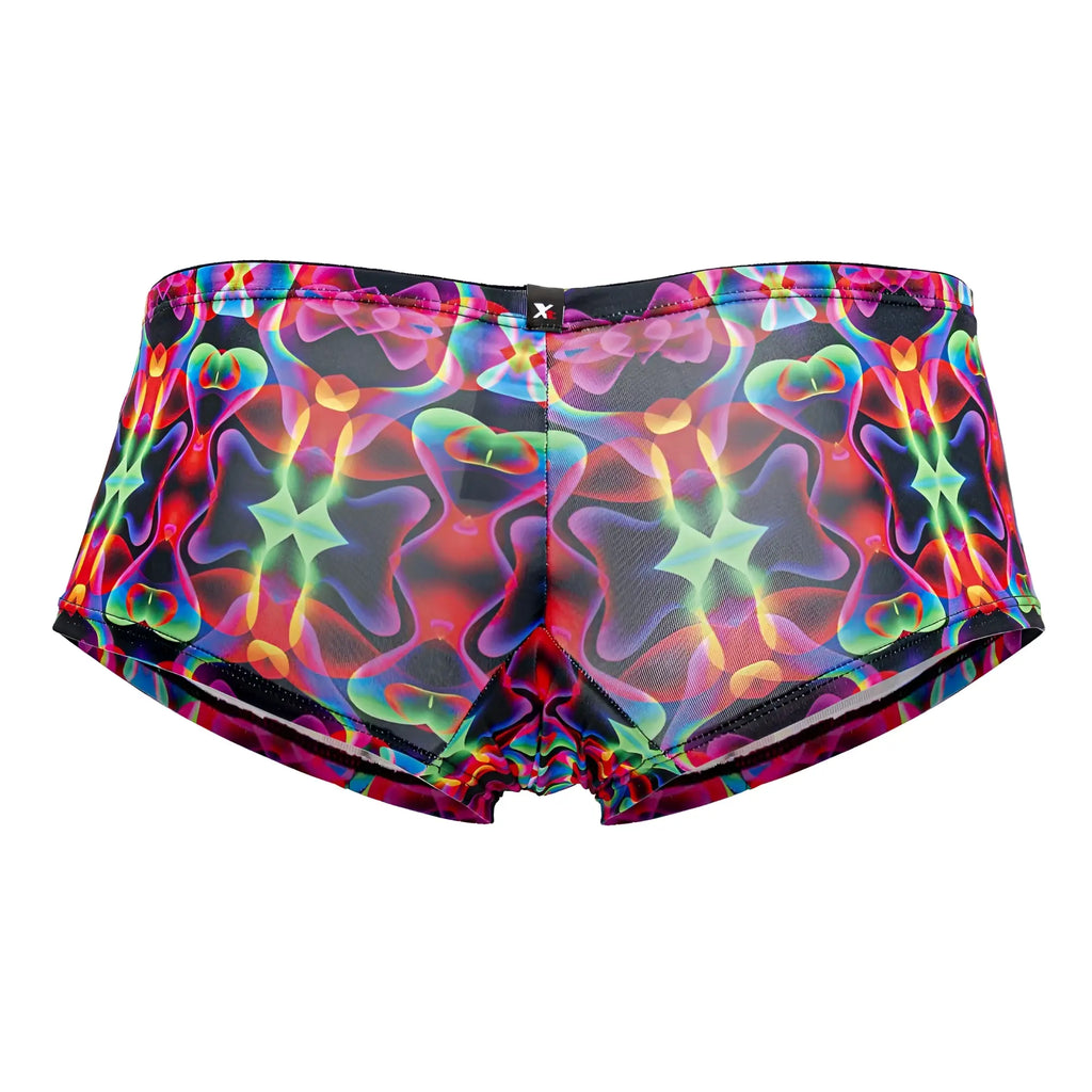 Xtremen 91170 printed trunks with vibrant neon iridescent abstract pattern on black mesh swim shorts
