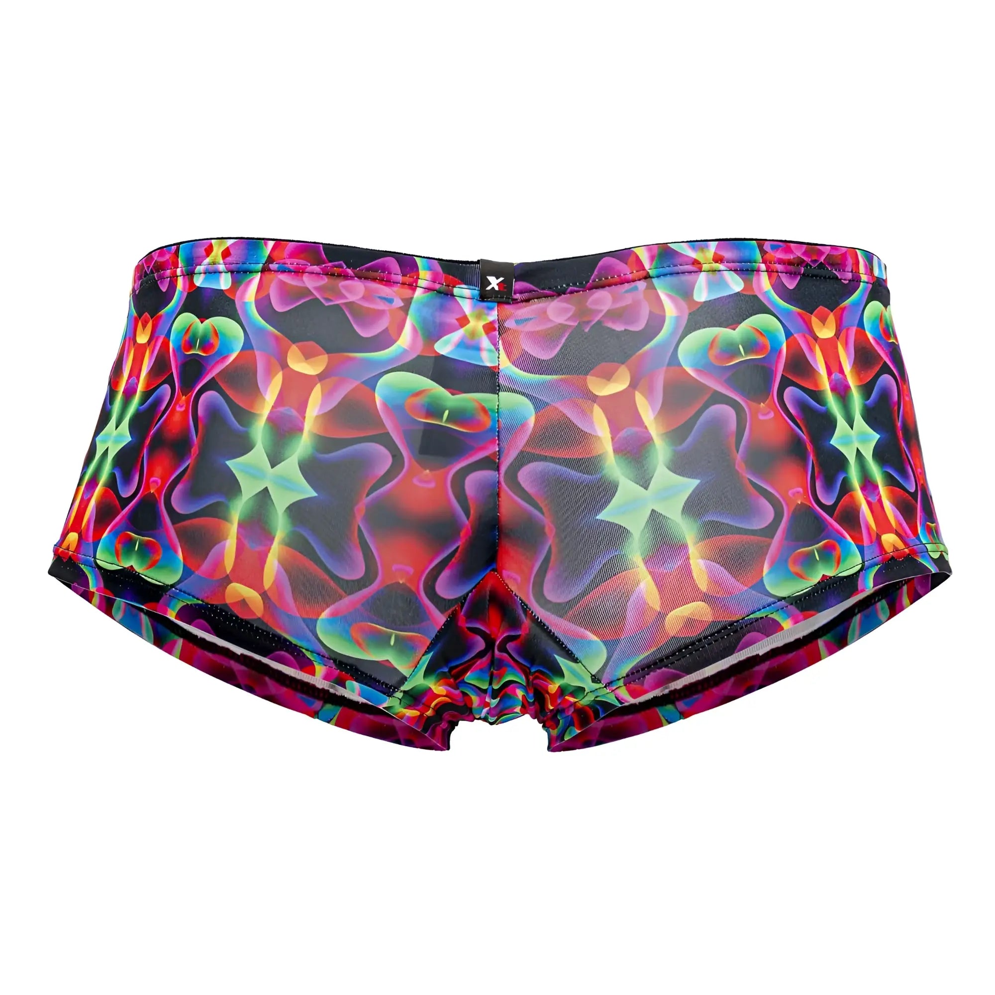 Xtremen 91170 printed trunks with vibrant neon iridescent abstract pattern on black mesh swim shorts